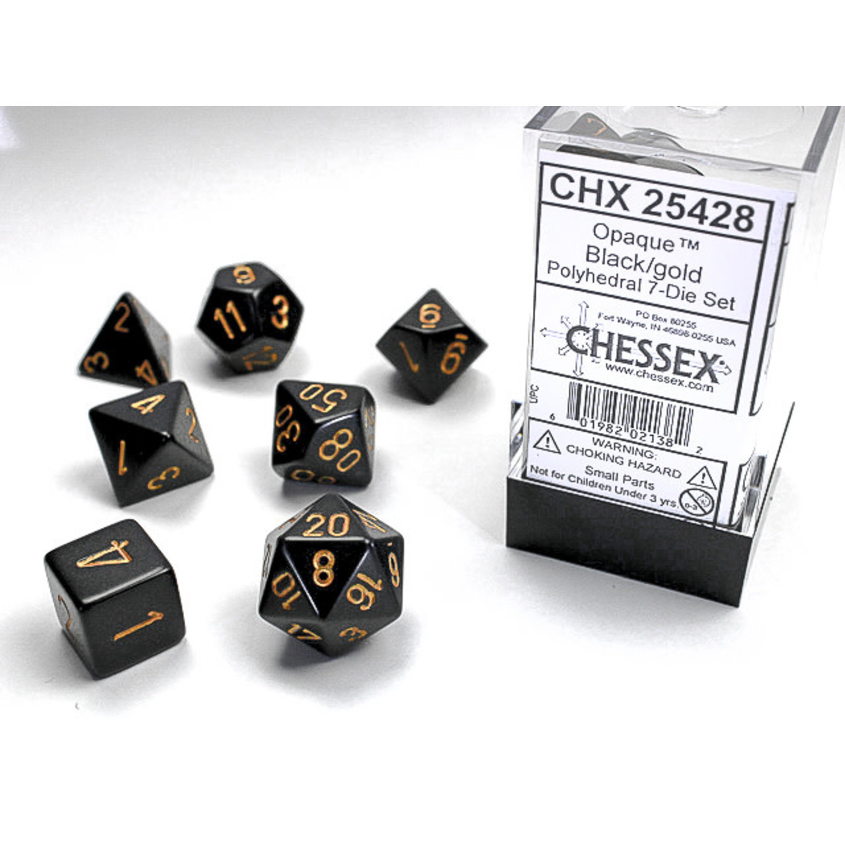 Chessex Opaque Dice: Black / gold | 7 Die Polyhedral Set | 25428