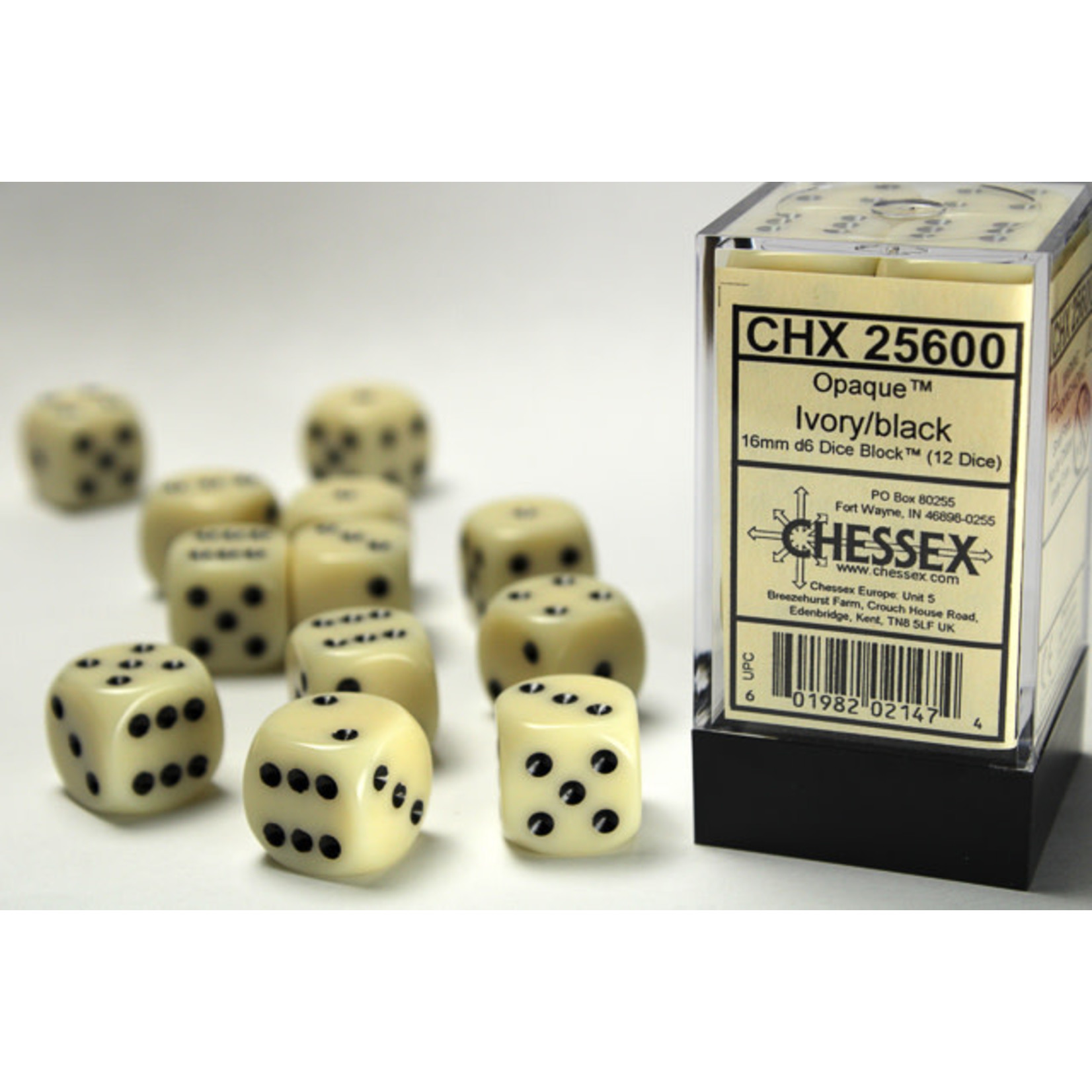 Chessex Opaque Dice: Ivory / black | 16mm d6 Dice Block | 25600
