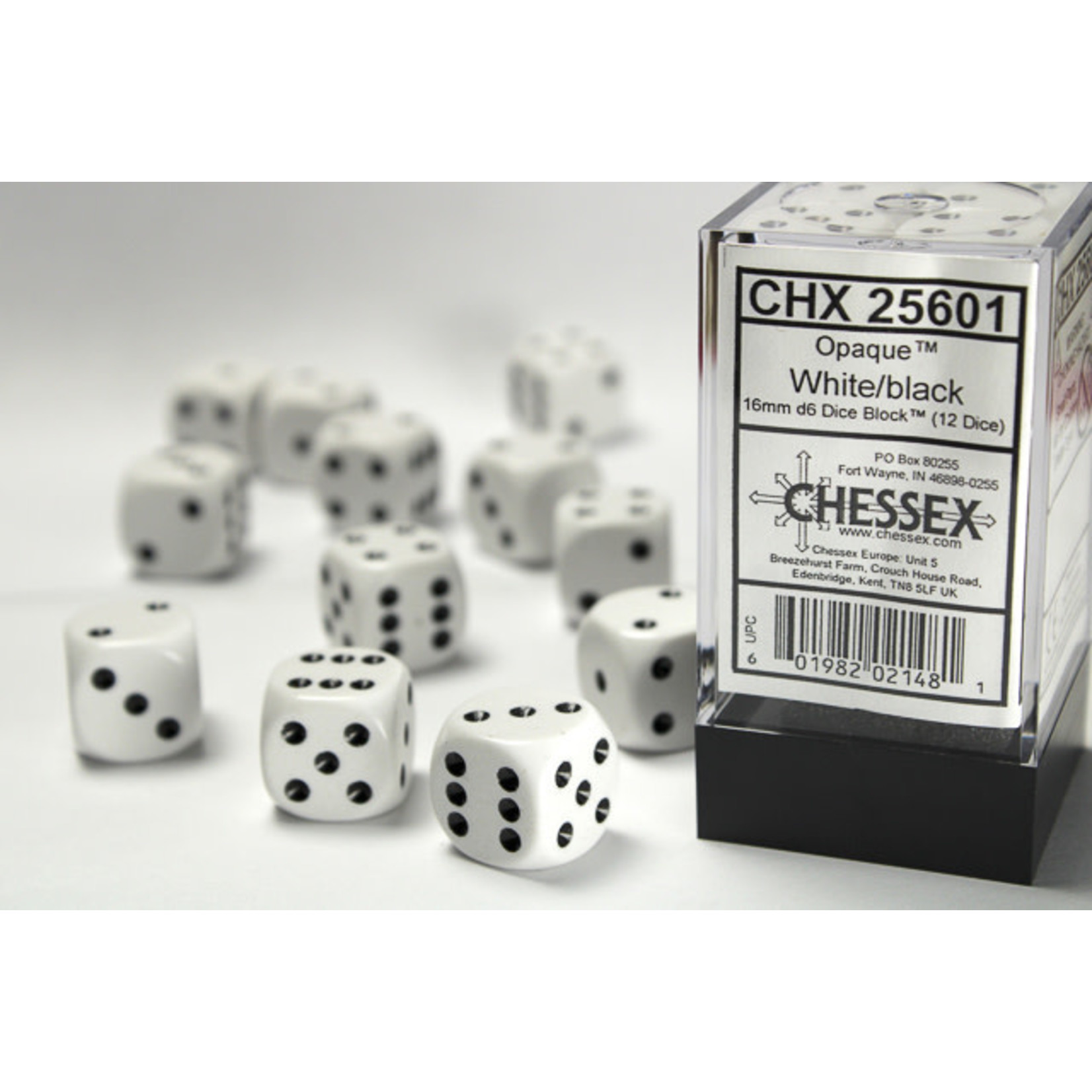 Chessex Opaque Dice: White / black | 16mm d6 Dice Block | 25601