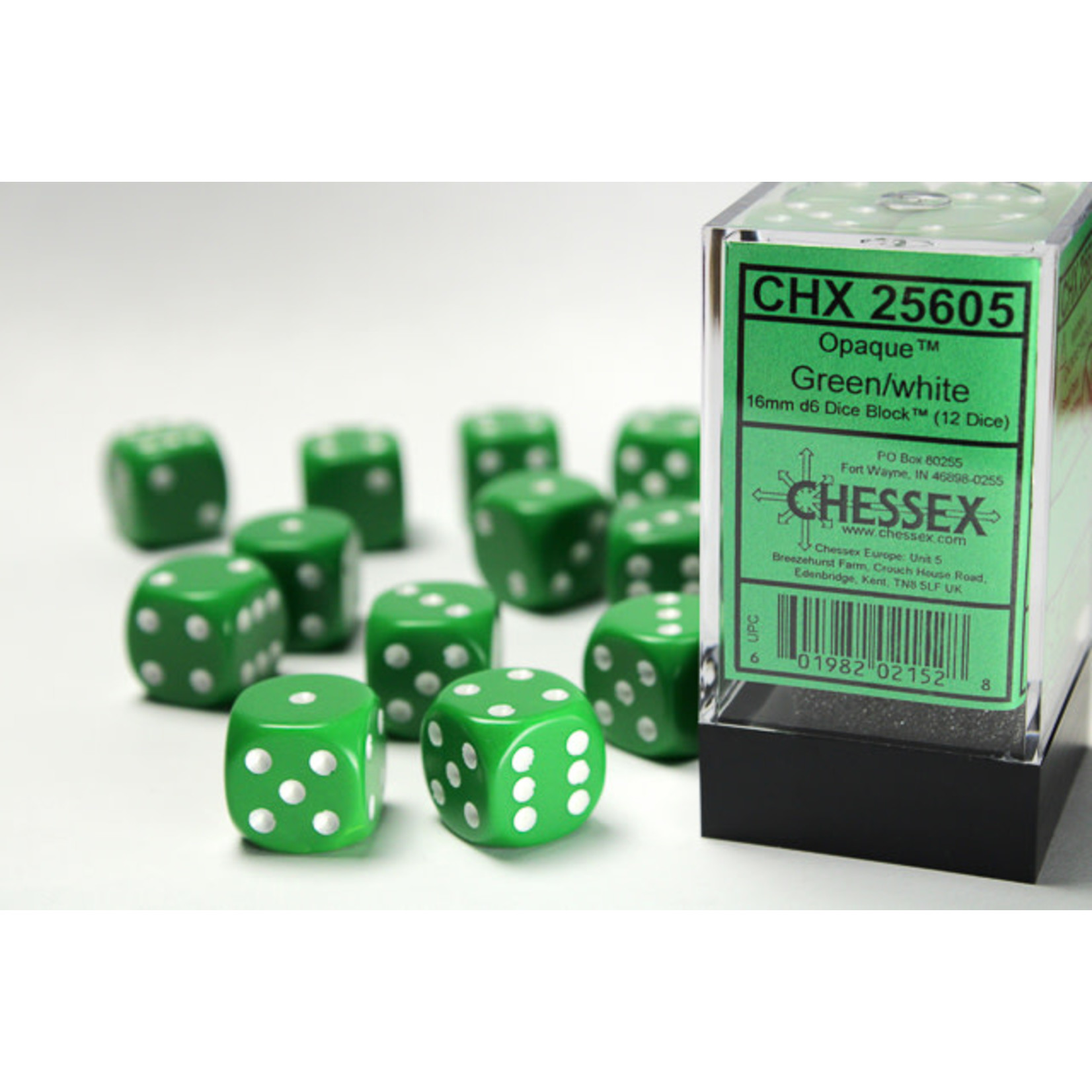 Chessex Opaque Dice: Green / white | 16mm d6 Dice Block | 25605