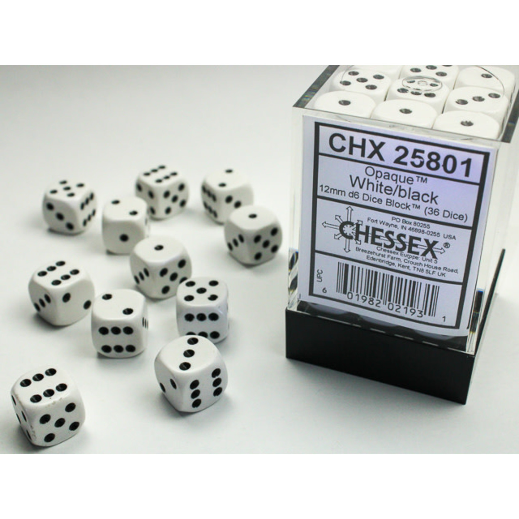 Chessex Opaque Dice: White / black | 12mm d6 Dice Block | 25801