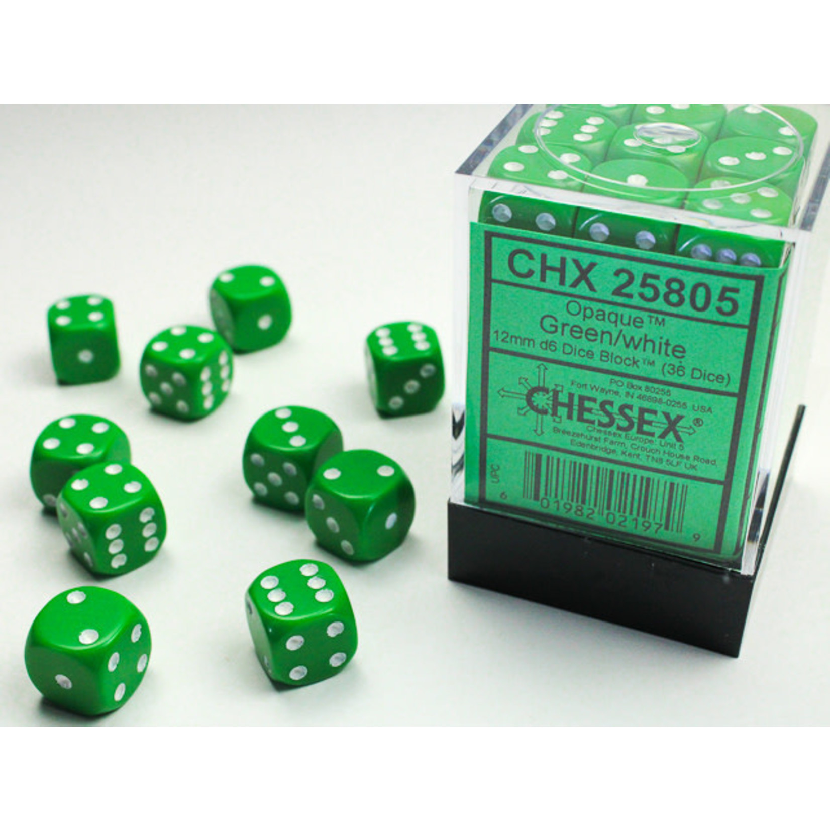 Chessex Opaque Dice: Green / white | 12mm d6 Dice Block | 25805