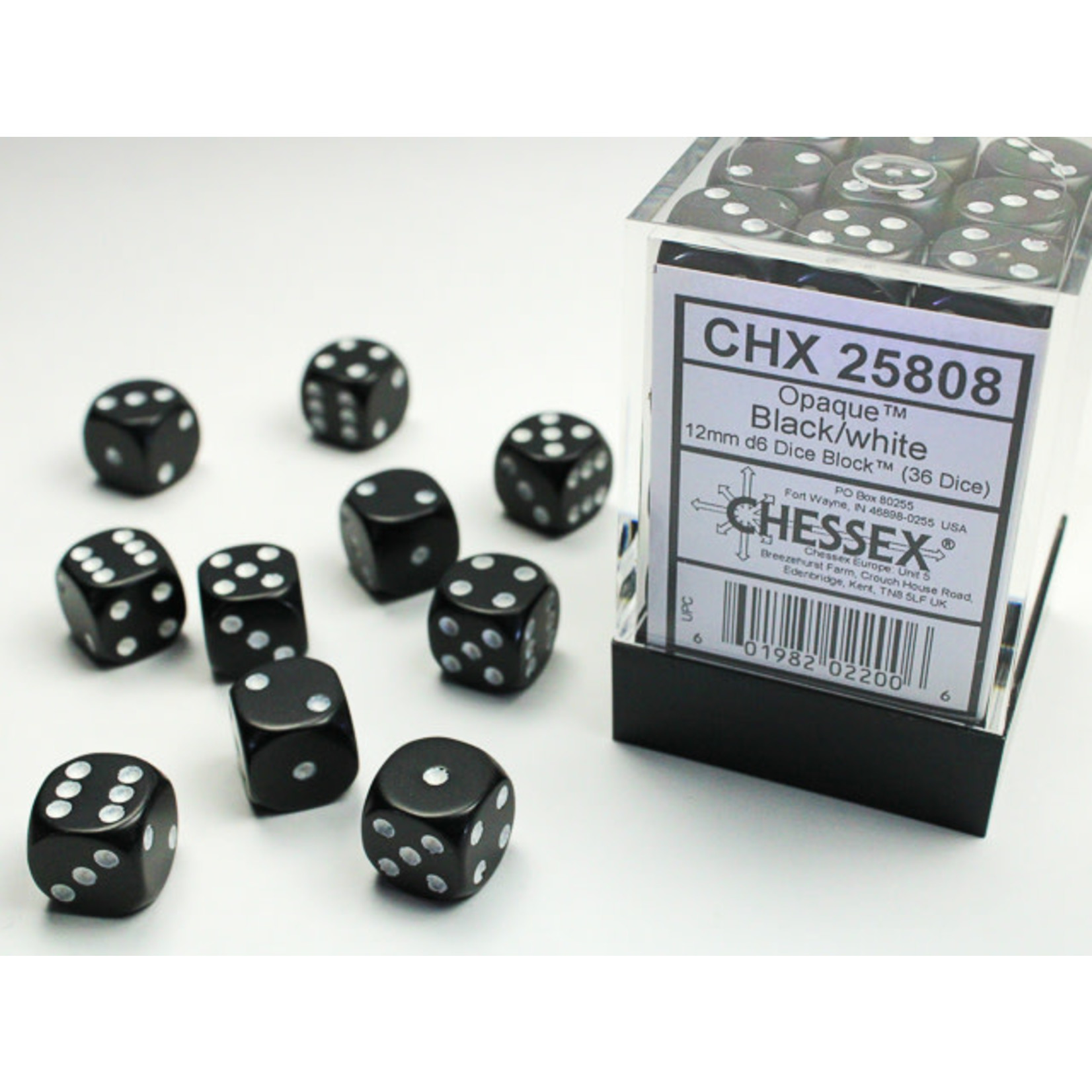 Chessex Opaque Dice: Black / white | 12mm d6 Dice Block | 25808