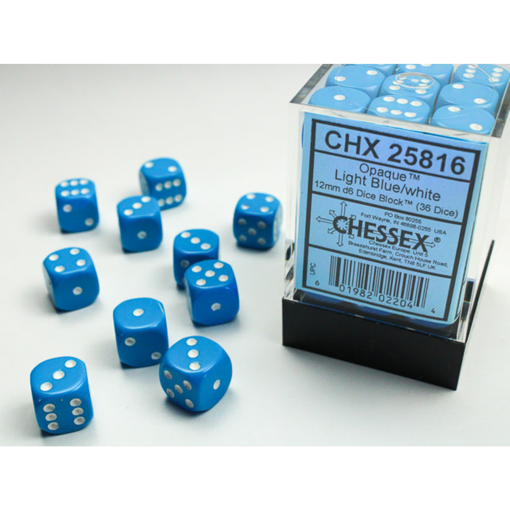 Chessex Opaque Dice: Light Blue / white | 12mm d6 Dice Block | 25816