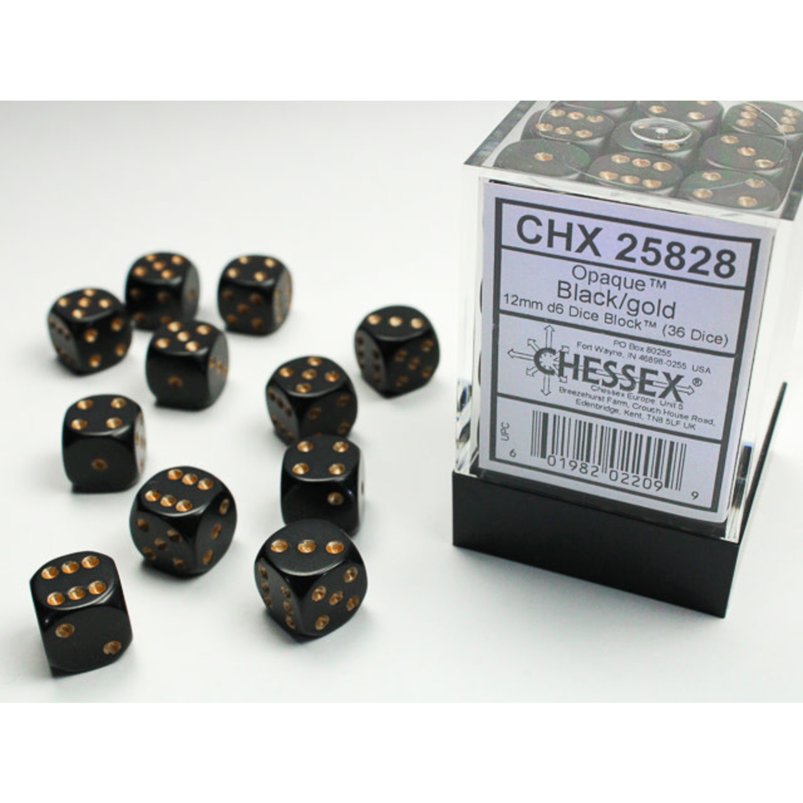 Chessex Opaque Dice: Black / gold | 12mm d6 Dice Block | 25828