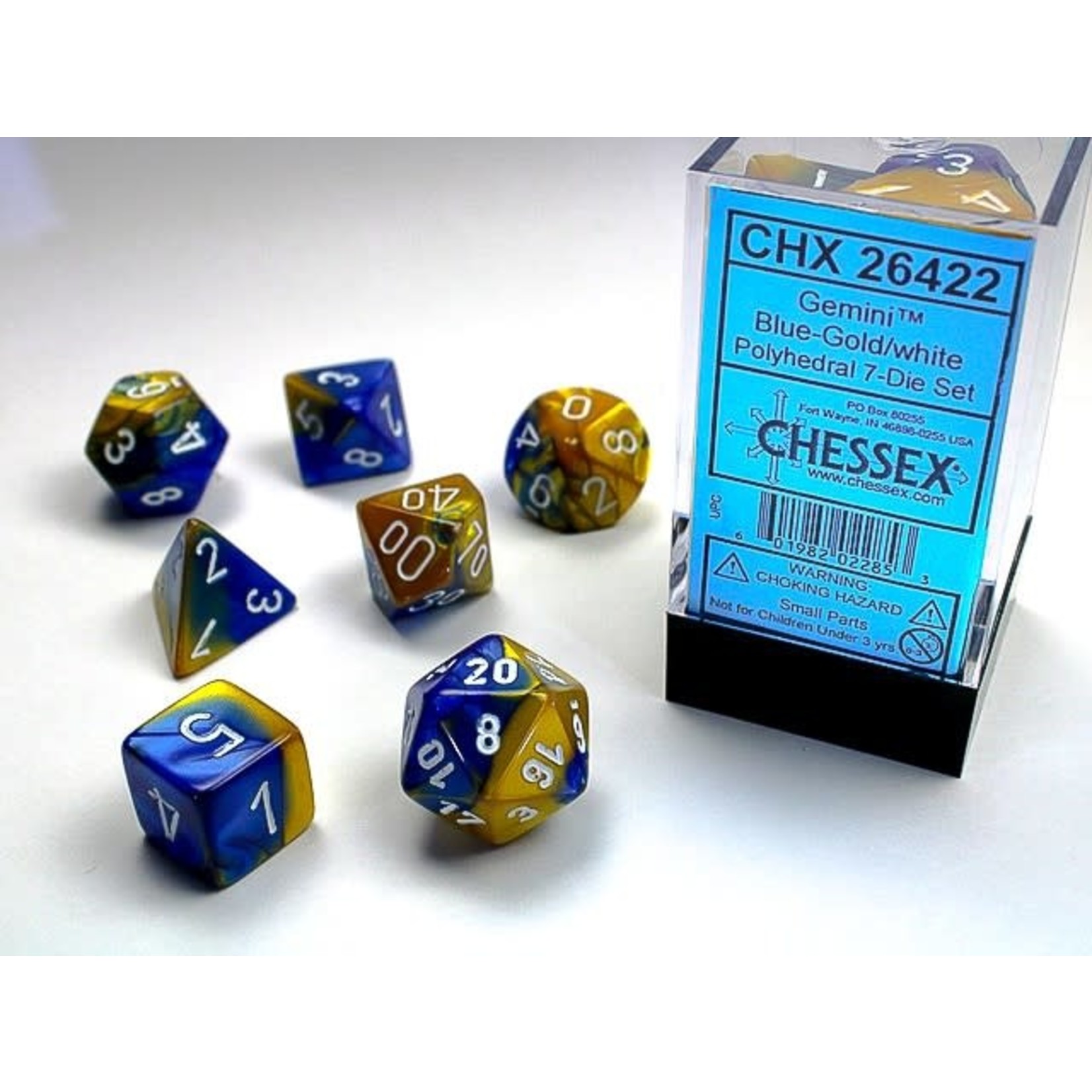 Chessex Gemini Dice: Blue-Gold / white | 7 Die Polyhedral Set | 26422