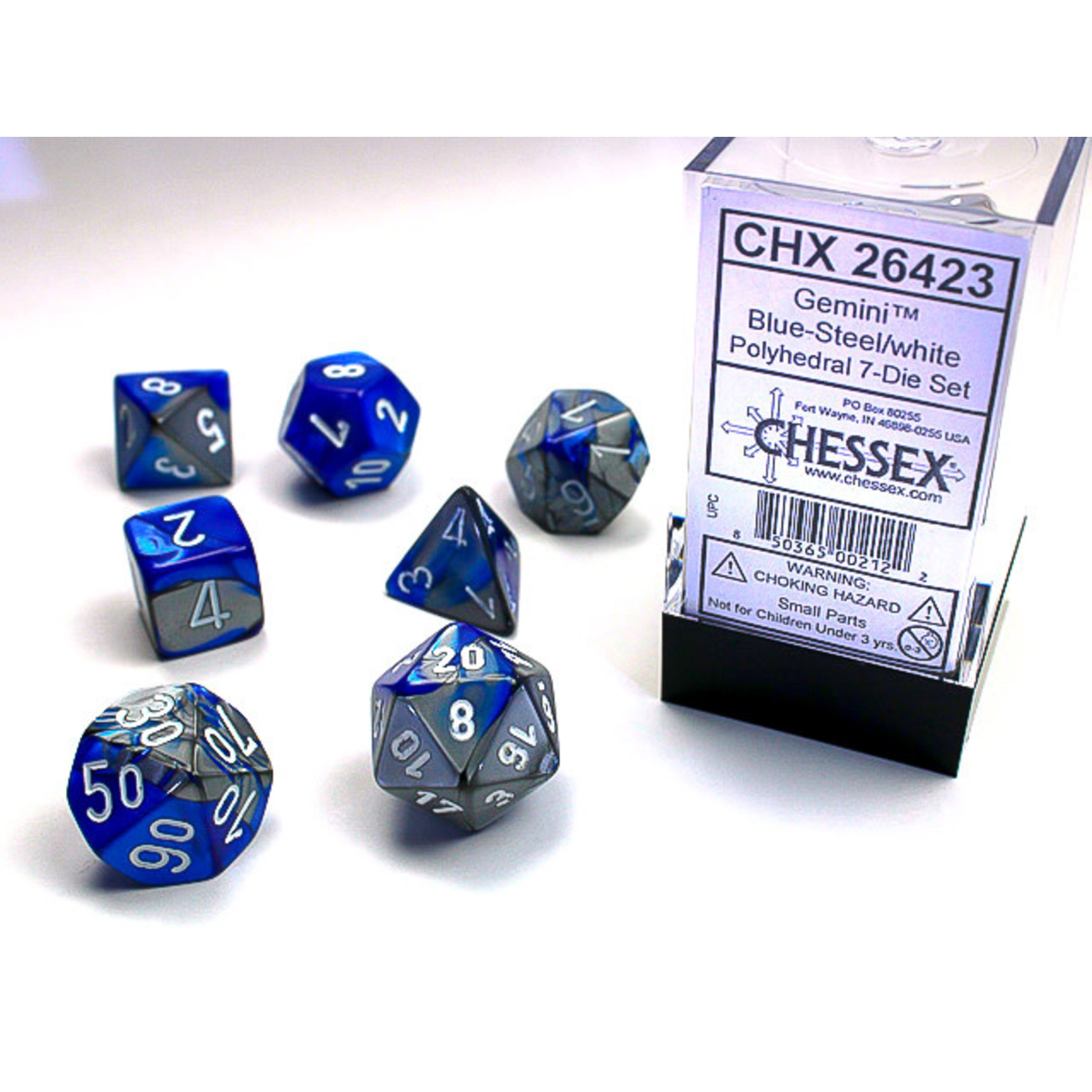 Chessex Gemini Dice: Blue-Steel / white | 7 Die Polyhedral Set | 26423