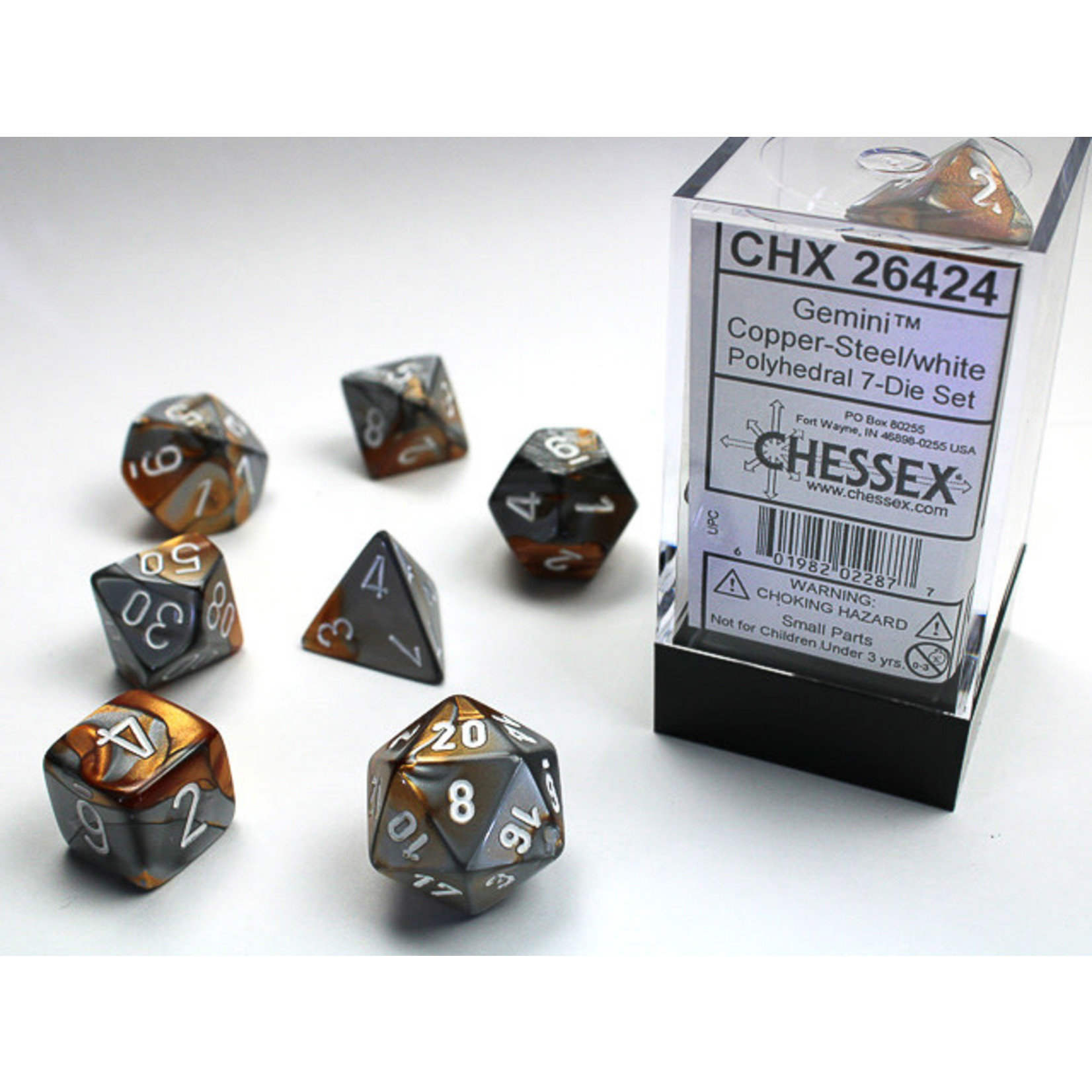 Chessex Gemini Dice: Copper-Steel / white | 7 Die Polyhedral Set | 26424