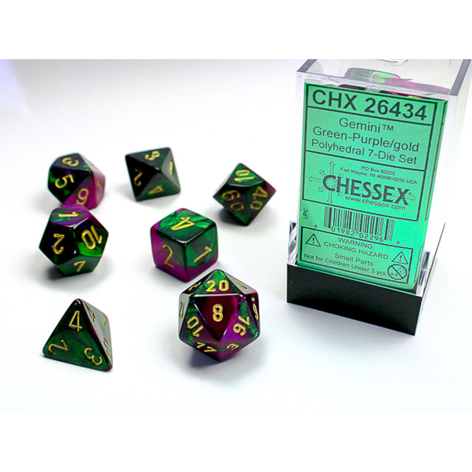 Chessex Gemini Dice: Green-Purple / gold | 7 Die Polyhedral Set | 26434