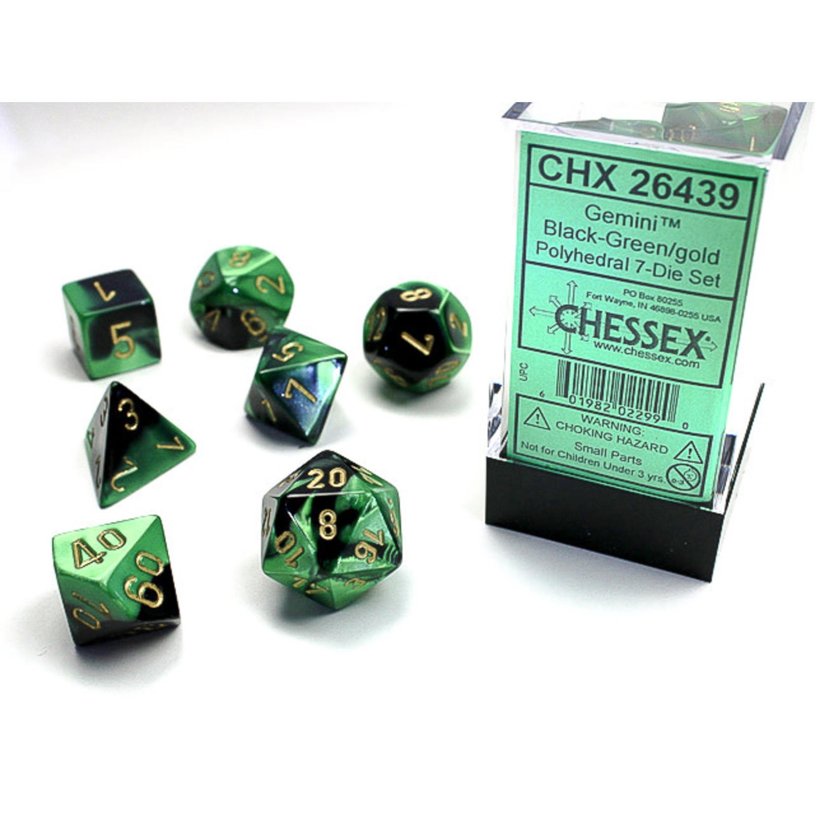 Chessex Gemini Dice: Black-Green / gold | 7 Die Polyhedral Set | 26439