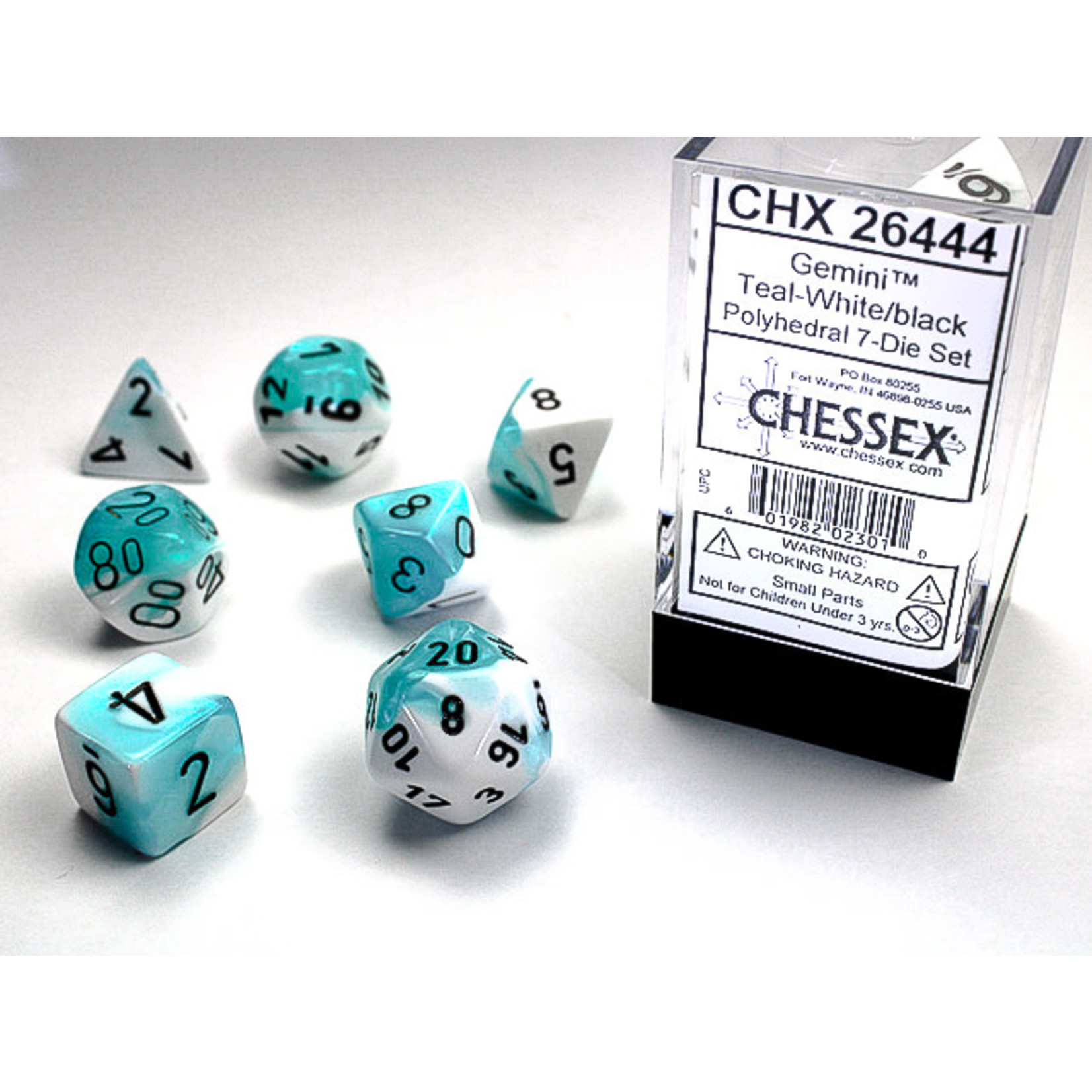 Chessex Gemini Dice: Teal-White / black | 7 Die Polyhedral Set | 26444