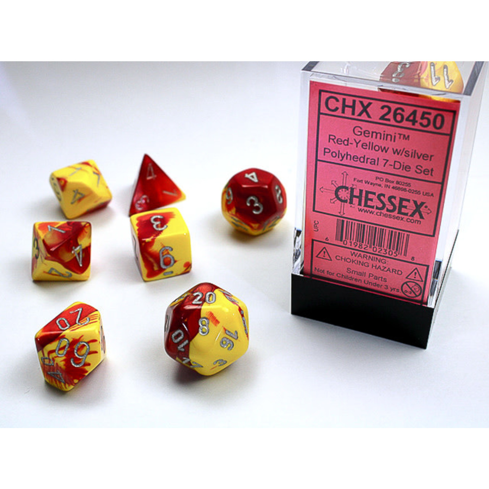 Chessex Gemini Dice: Red-Yellow / silver | 7 Die Polyhedral Set | 26450