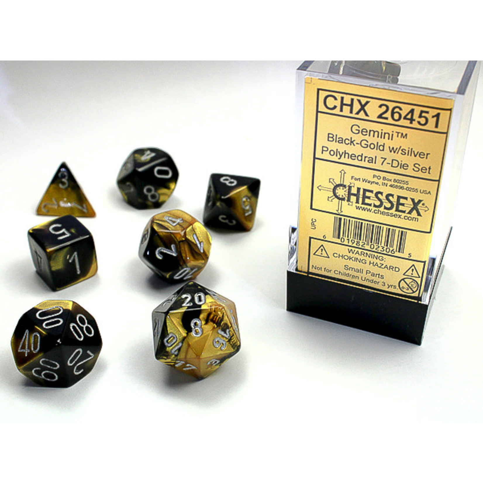 Chessex Gemini Dice: Black-Gold / silver | 7 Die Polyhedral Set | 26451