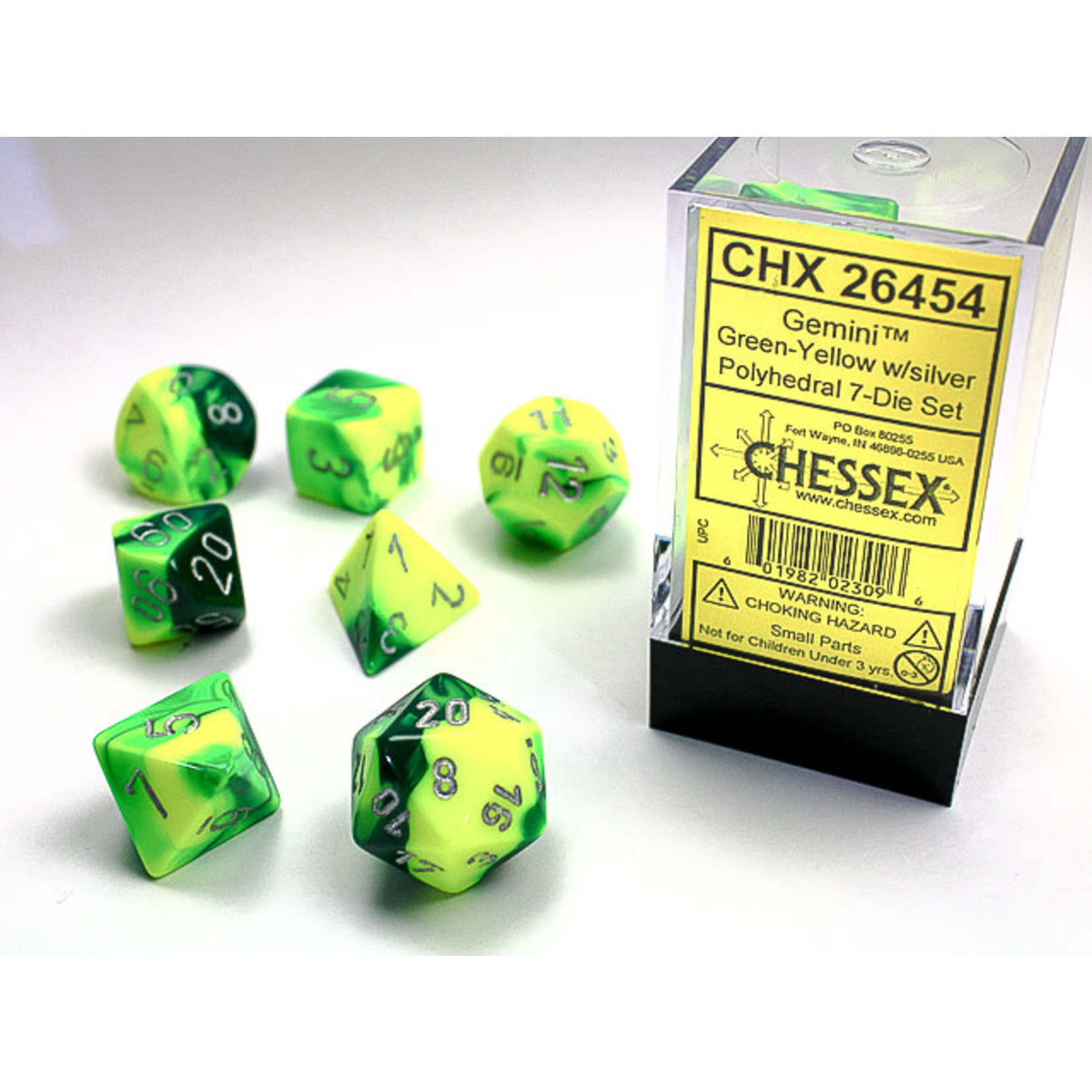 Chessex Gemini Dice: Green-Yellow / silver | 7 Die Polyhedral Set | 26454