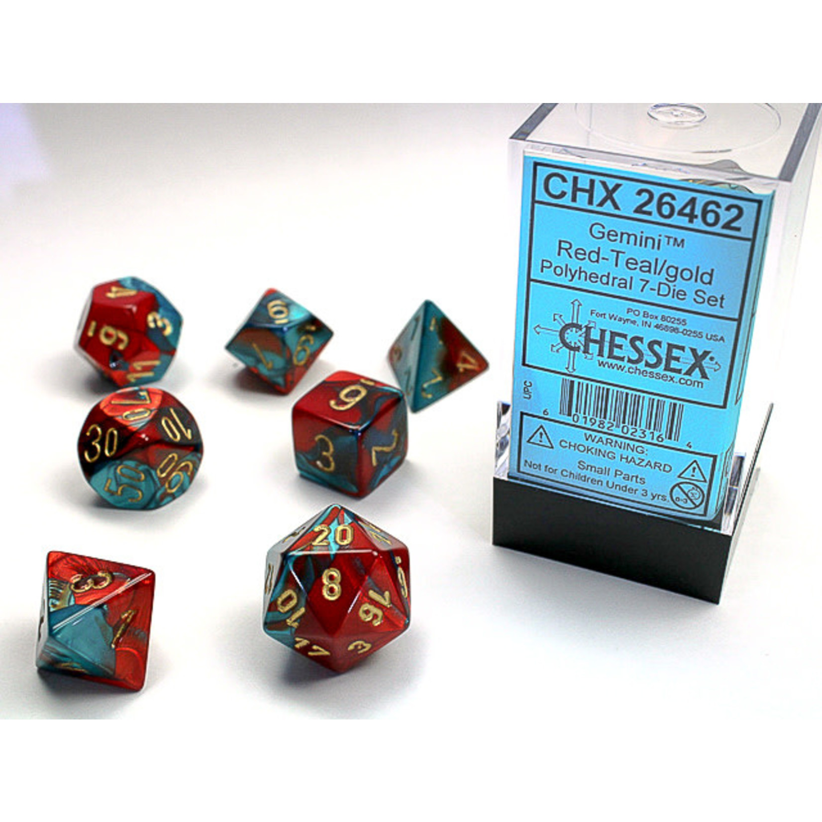 Chessex Gemini Dice: Red-Teal / gold | 7 Die Polyhedral Set | 26462
