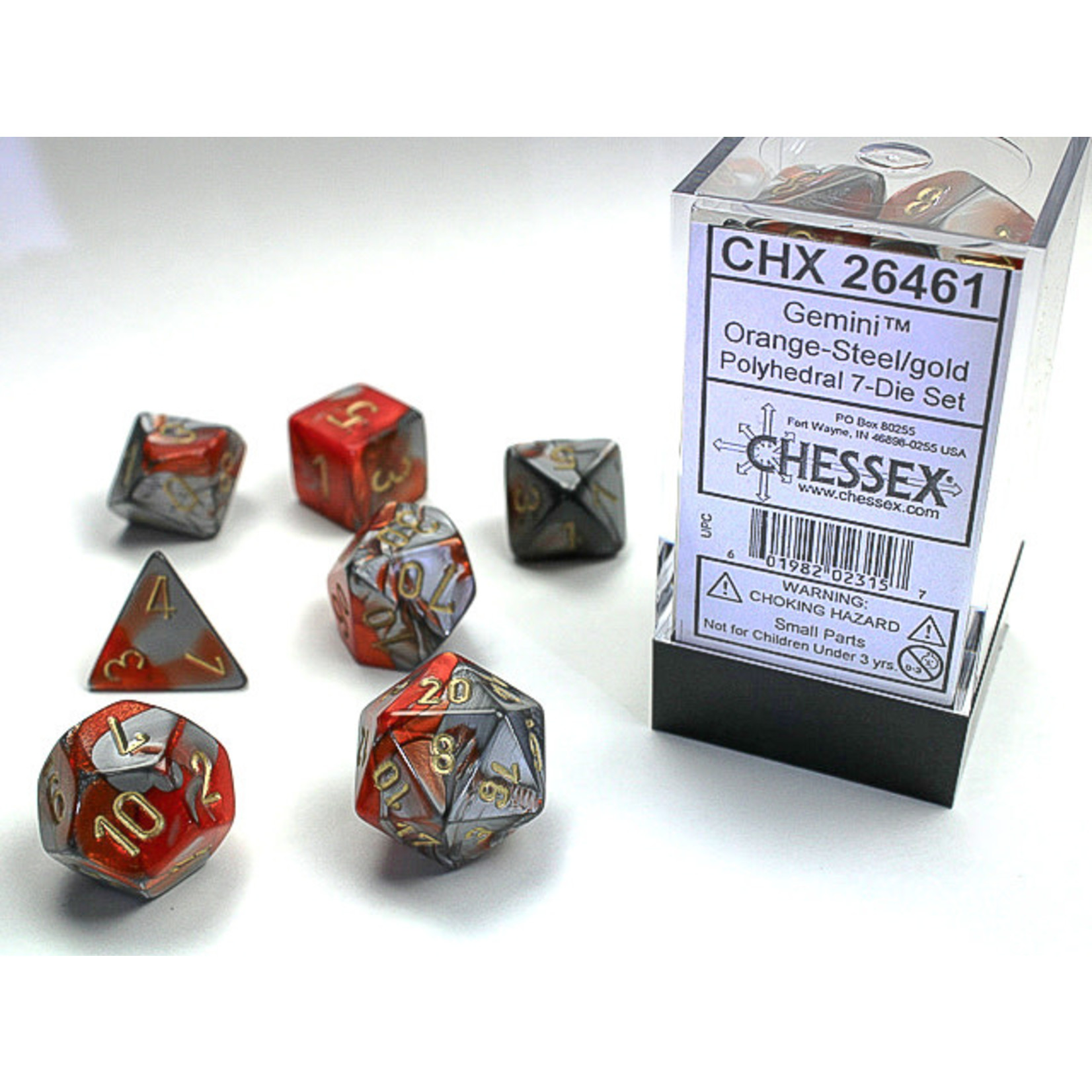Chessex Gemini Dice: Orange-Steel / gold | 7 Die Polyhedral Set | 26461