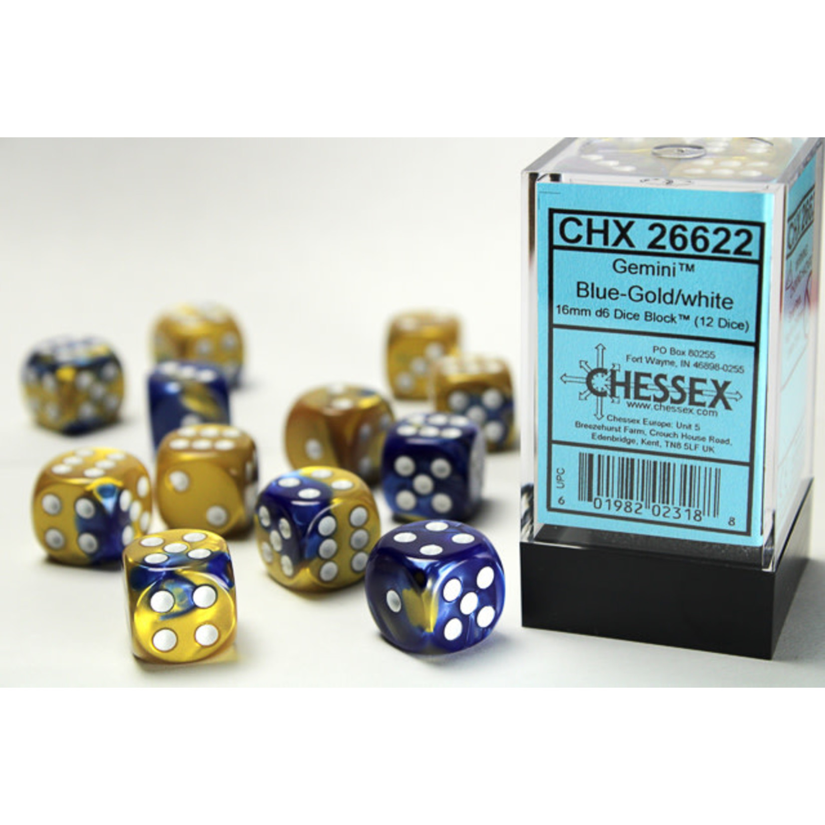 Chessex Gemini Dice: Blue-Gold / white | 16mm d6 Dice Block | 26622