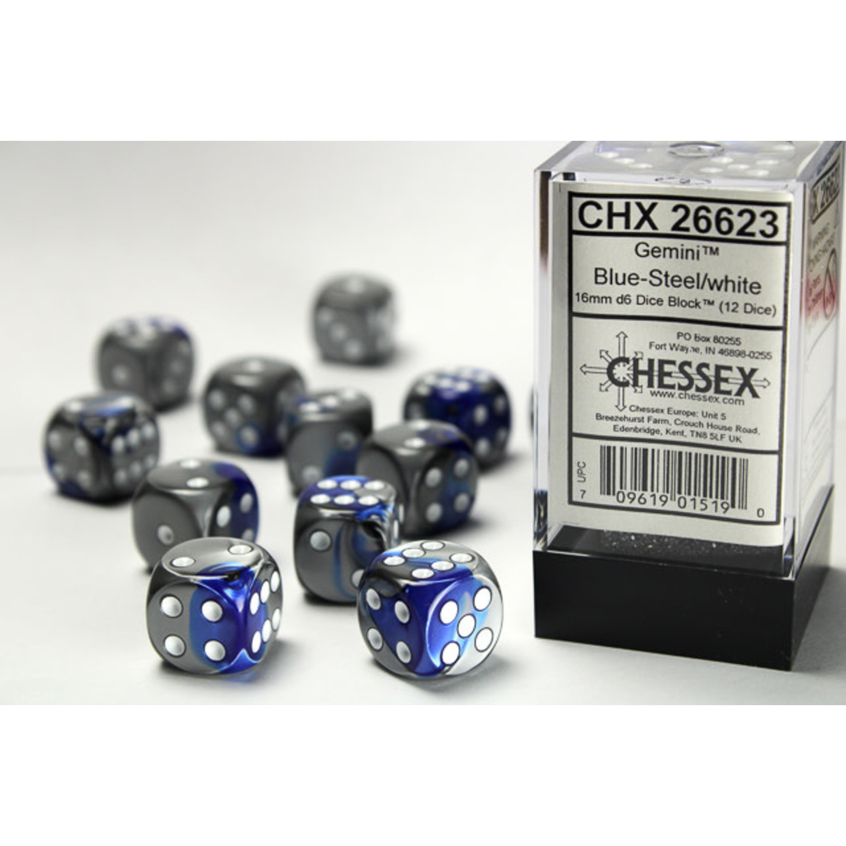 Chessex Gemini Dice: Blue-Steel / white | 16mm d6 Dice Block | 26623