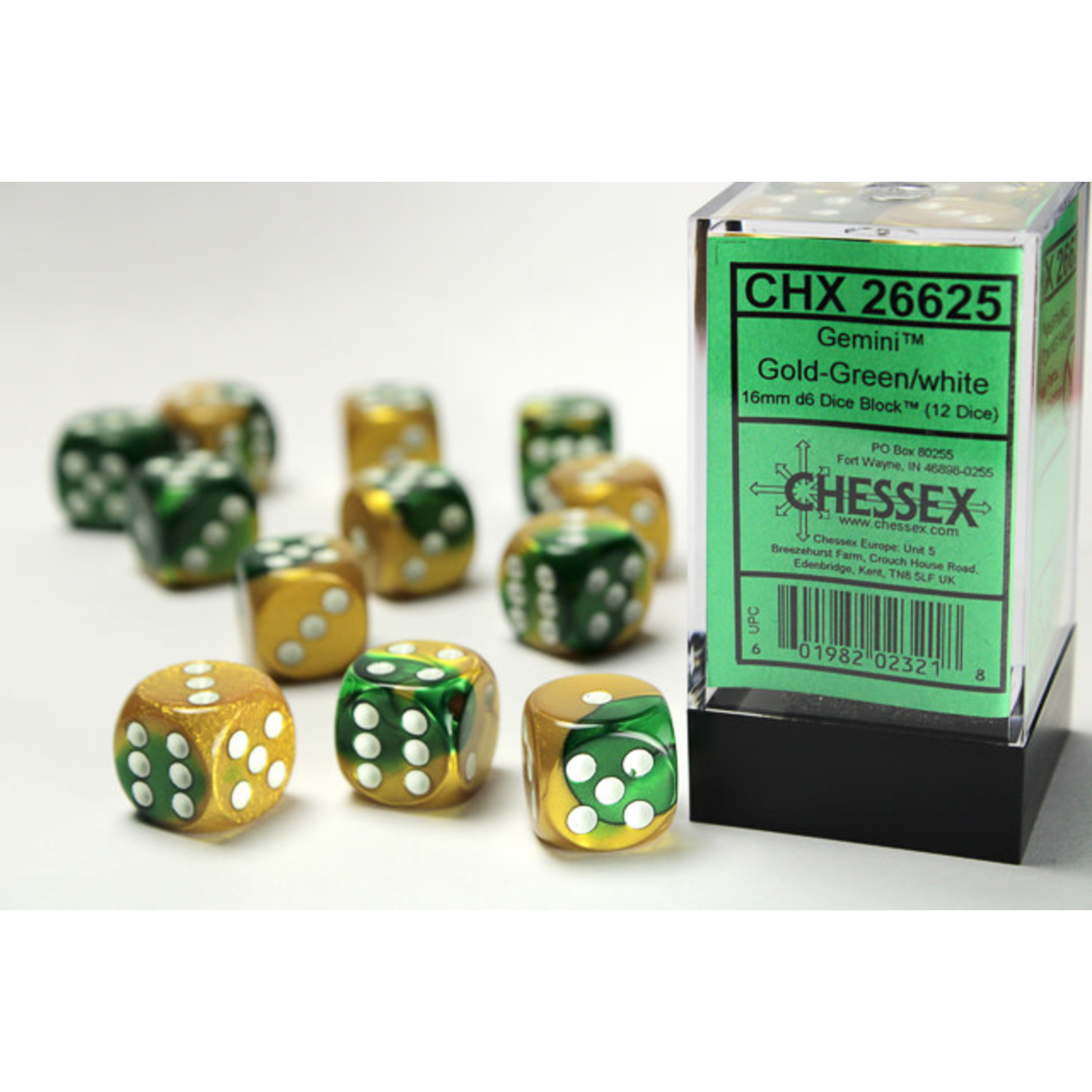 Chessex Gemini Dice: Gold-Green / white | 16mm d6 Dice Block | 26625