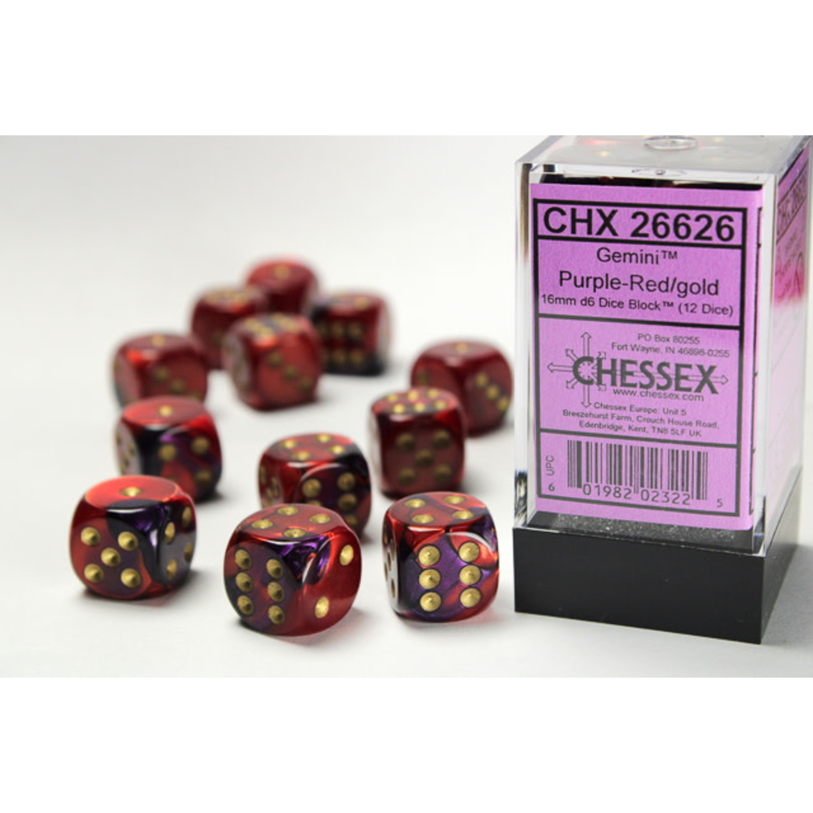 Chessex Gemini Dice: Purple-Red / gold | 16mm d6 Dice Block | 26626