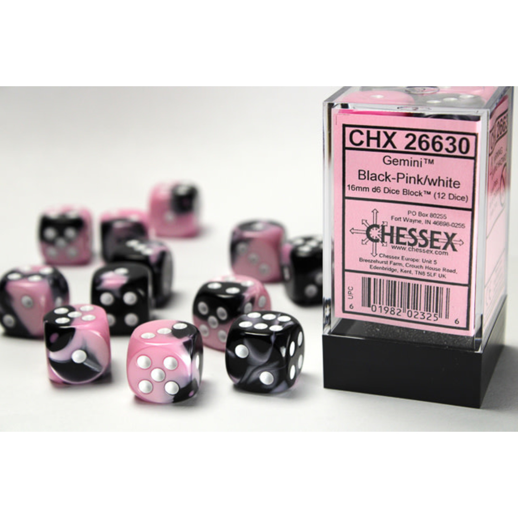 Chessex Gemini Dice: Black-Pink / white | 16mm d6 Dice Block | 26630