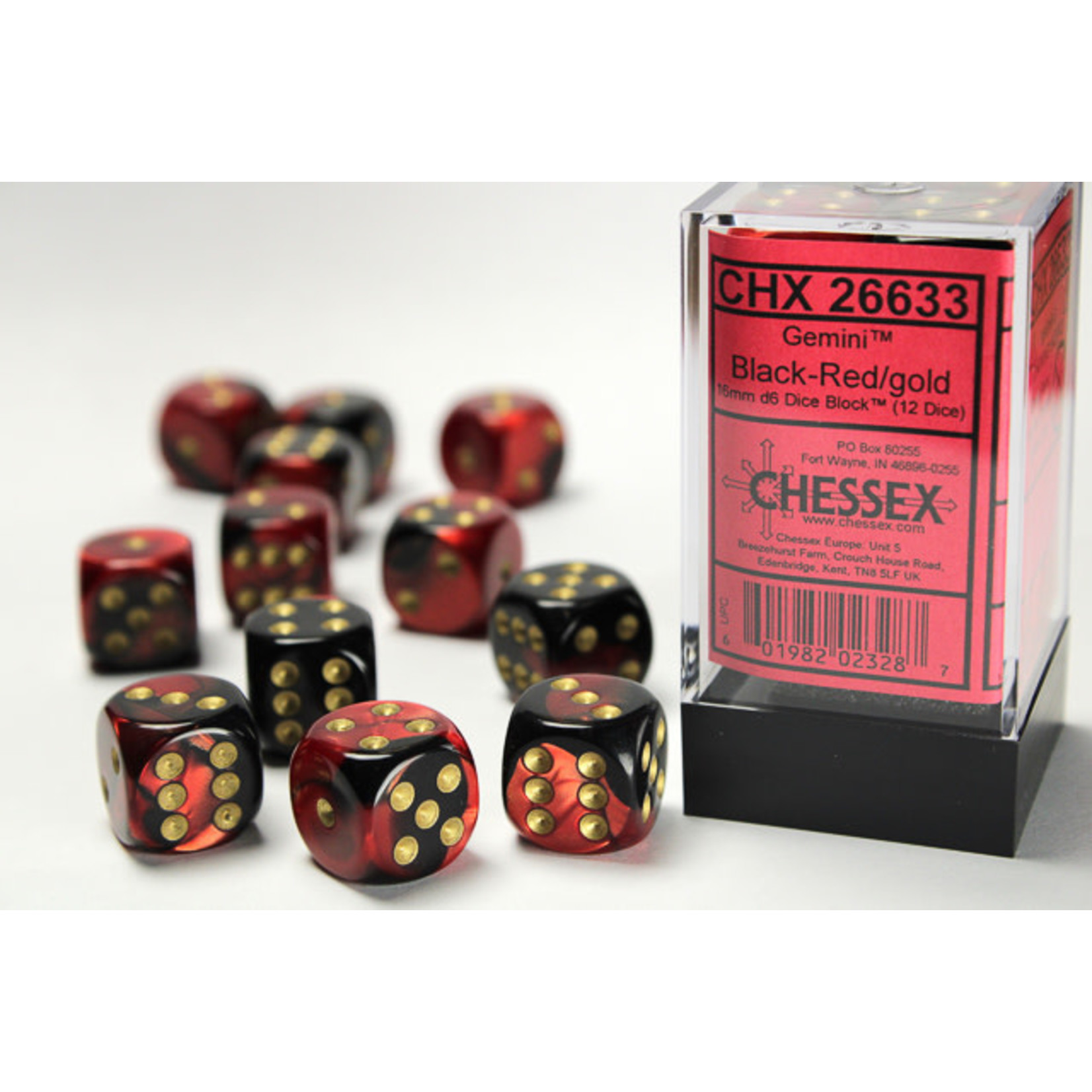 Chessex Gemini Dice: Black-Red / gold | 16mm d6 Dice Block | 26633