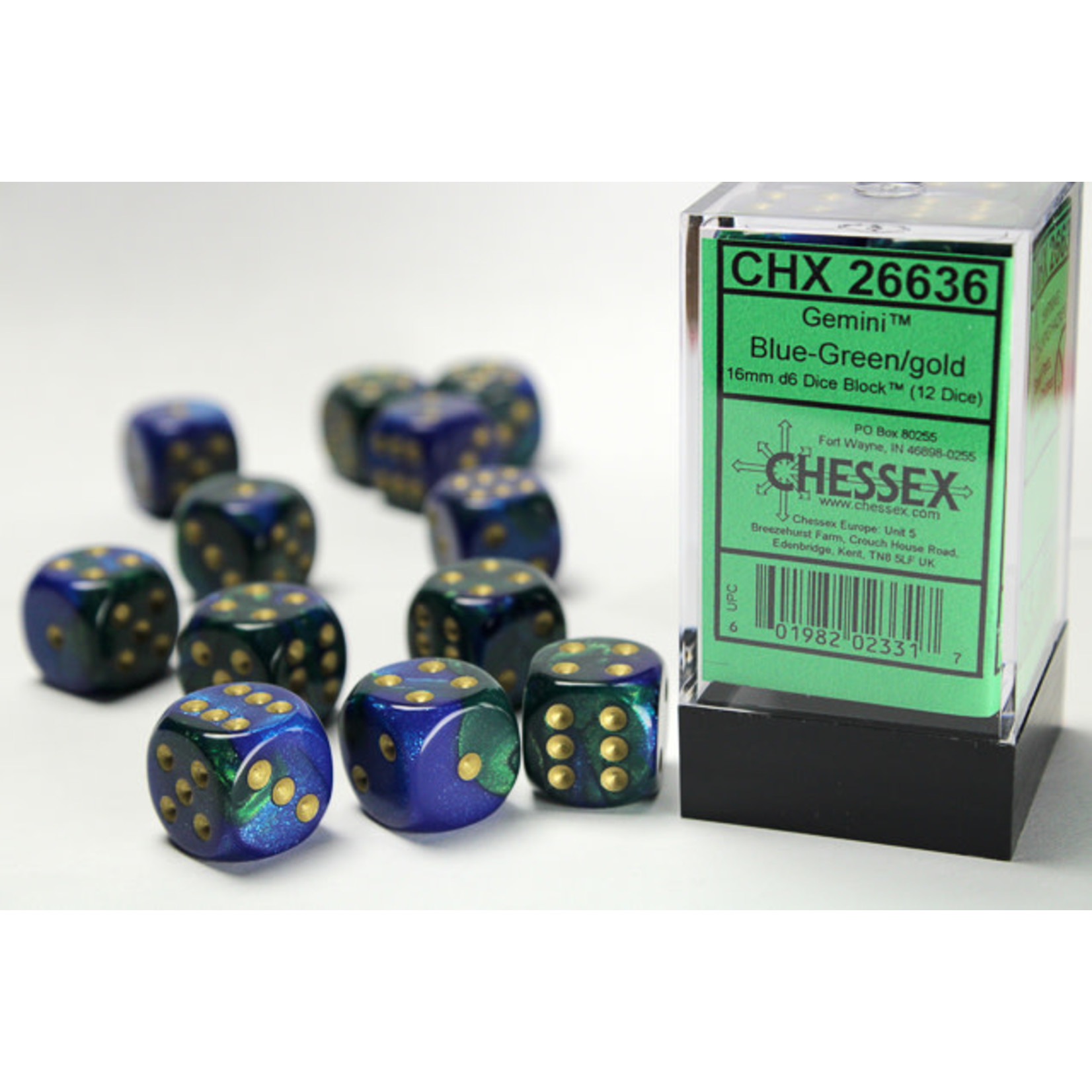 Chessex Gemini Dice: Blue-Green / gold | 16mm d6 Dice Block | 26636