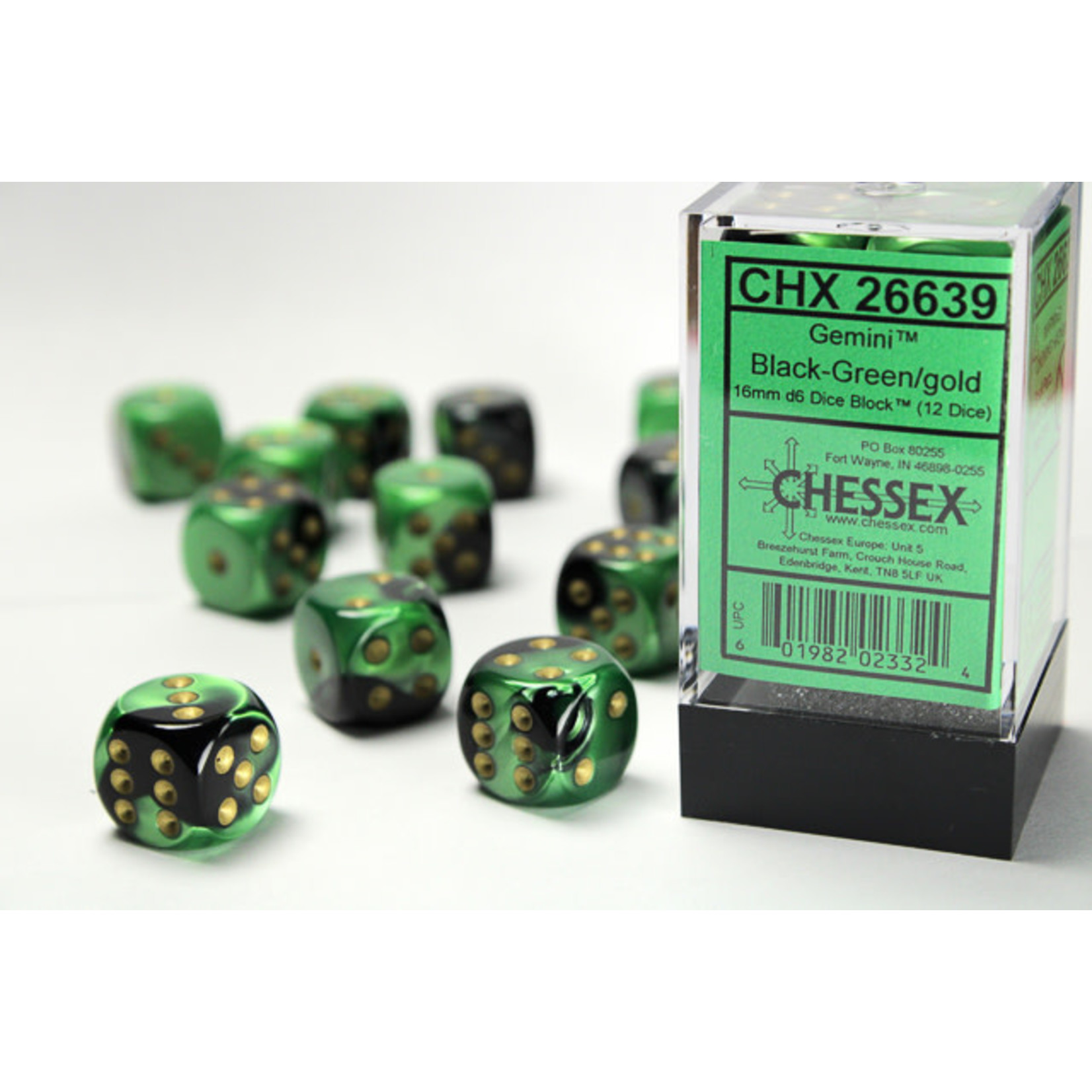 Chessex Gemini Dice: Black-Green / gold | 16mm d6 Dice Block | 26639