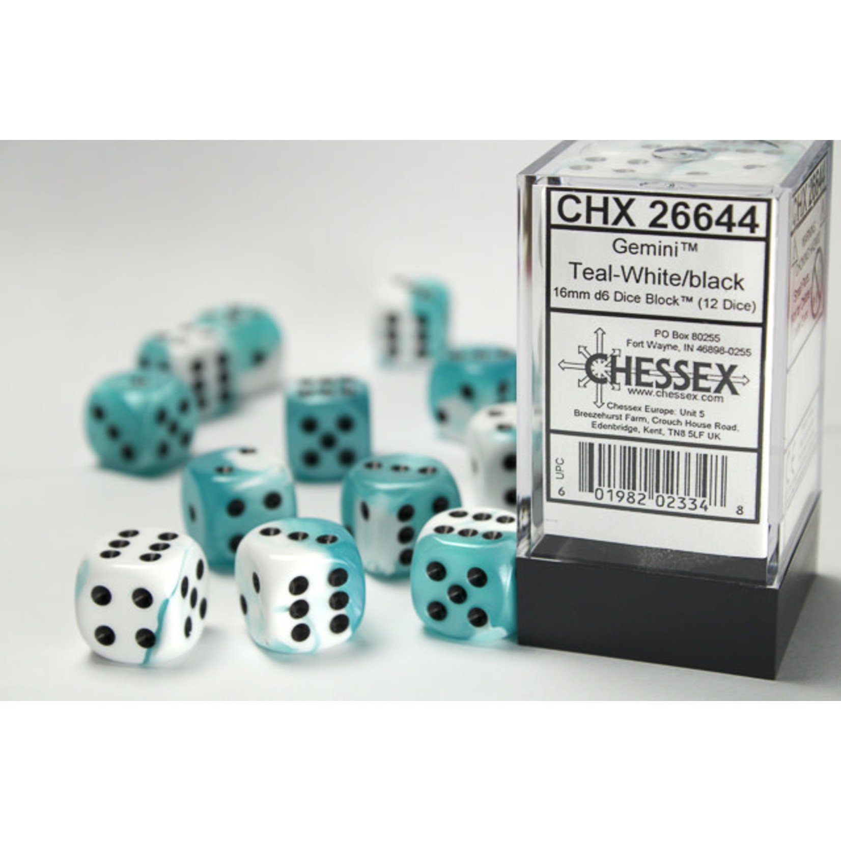 Chessex Gemini Dice: Teal-White / black | 16mm d6 Dice Block | 26644