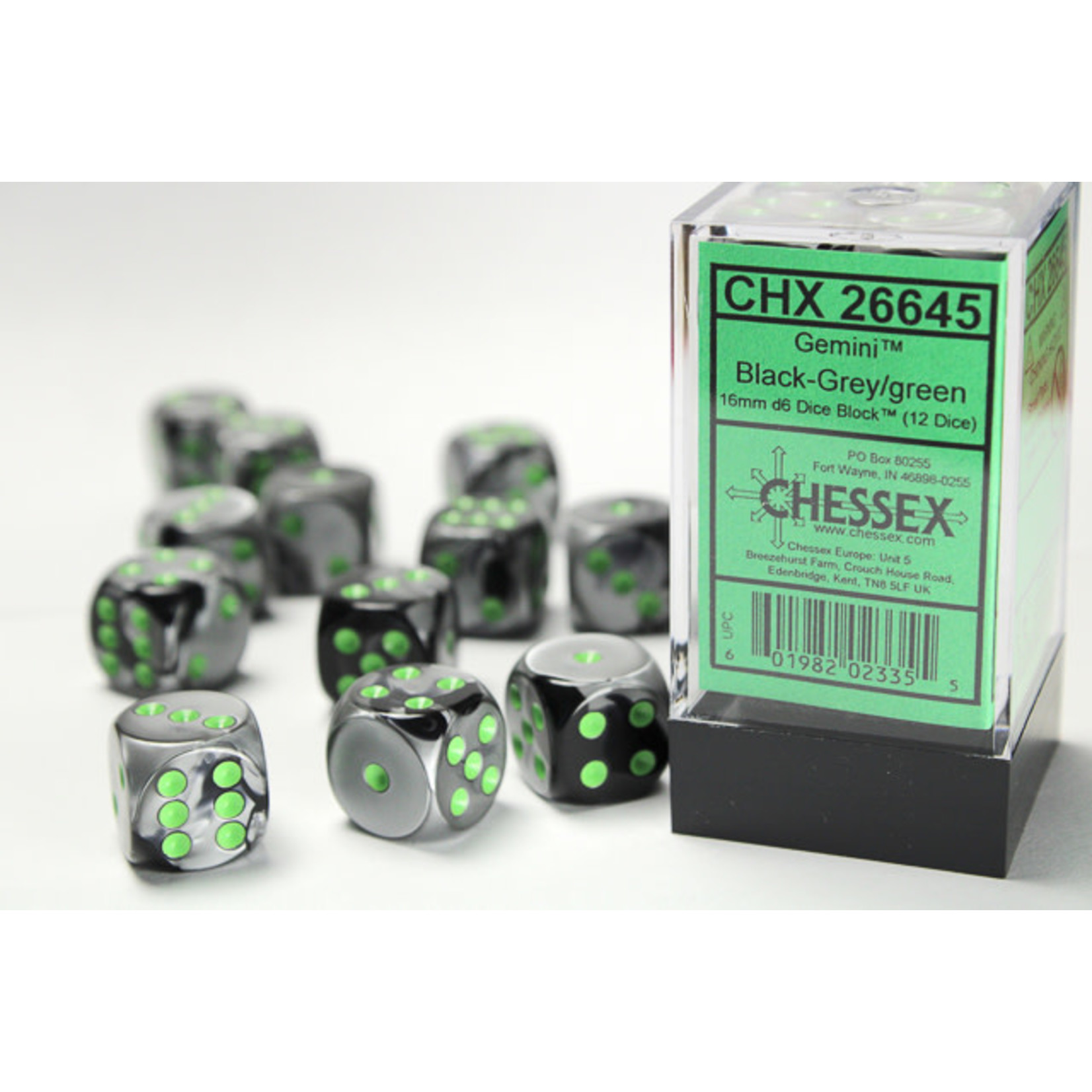 Chessex Gemini Dice: Black-Grey / green | 16mm d6 Dice Block | 26645