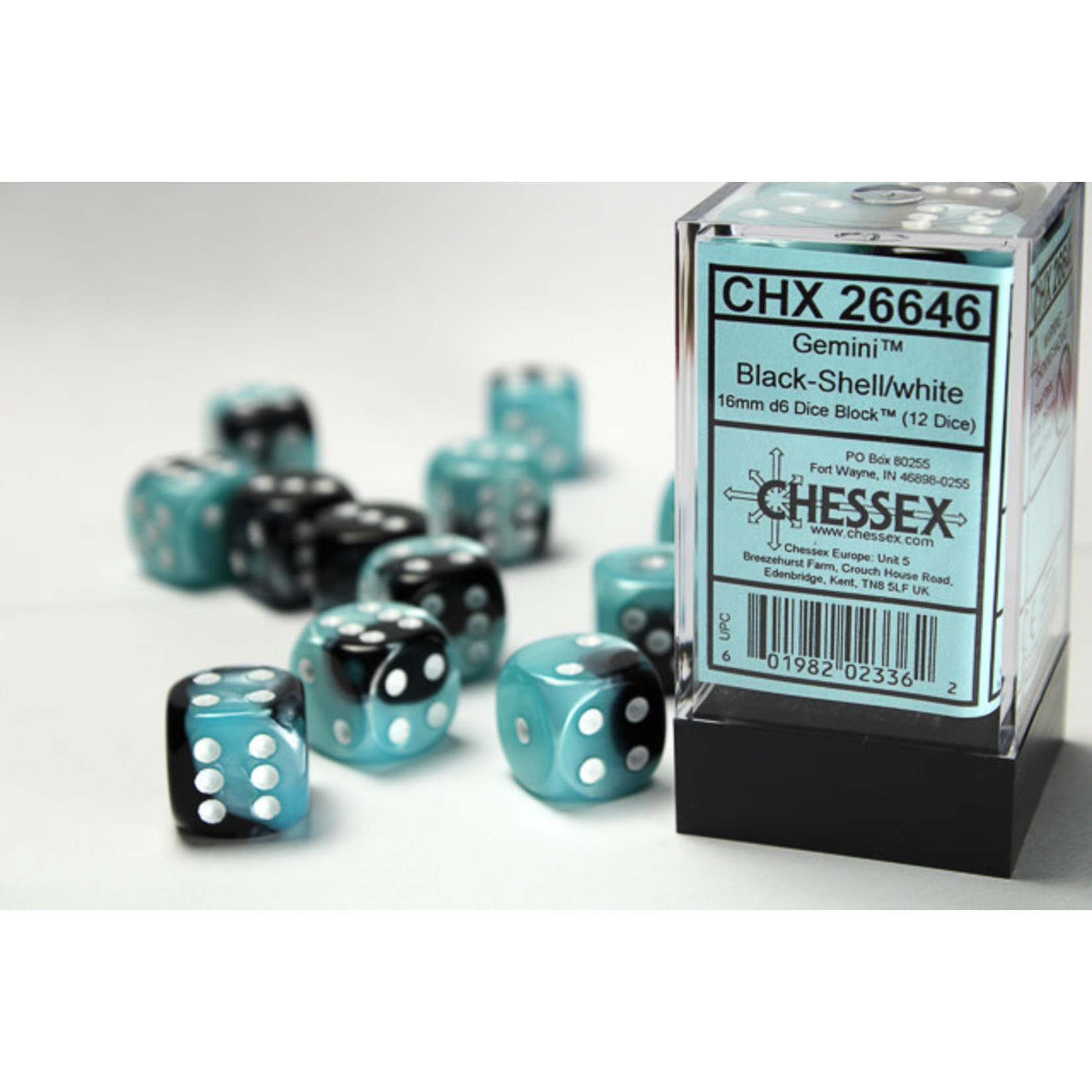 Chessex Gemini Dice: Black-Shell / white | 16mm d6 Dice Block | 26646