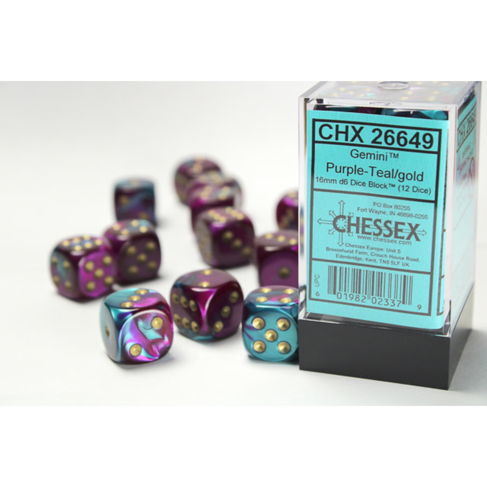 Chessex Gemini Dice: Purple-Teal / gold | 16mm d6 Dice Block | 26649