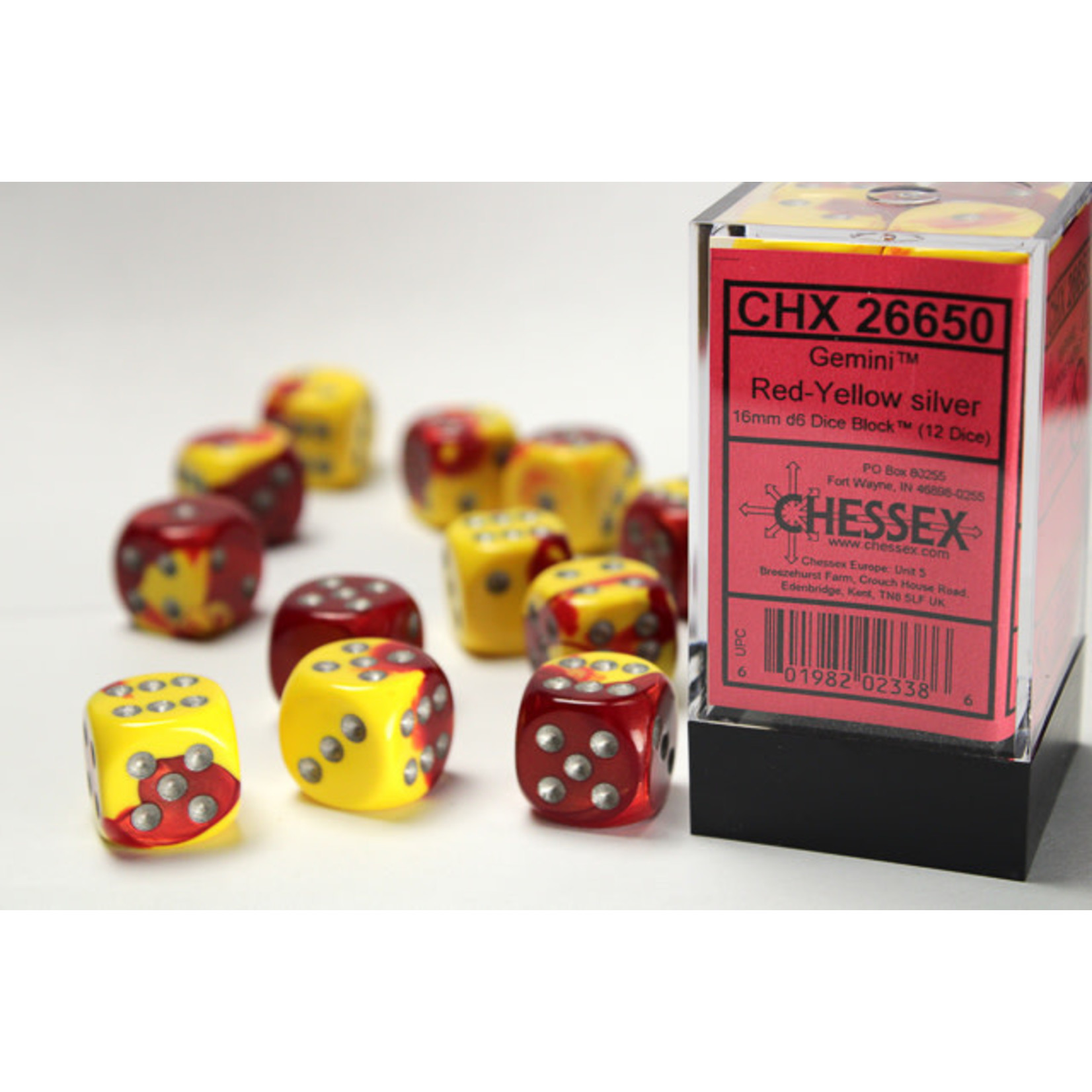 Chessex Gemini Dice: Red-Yellow / silver | 16mm d6 Dice Block | 26650