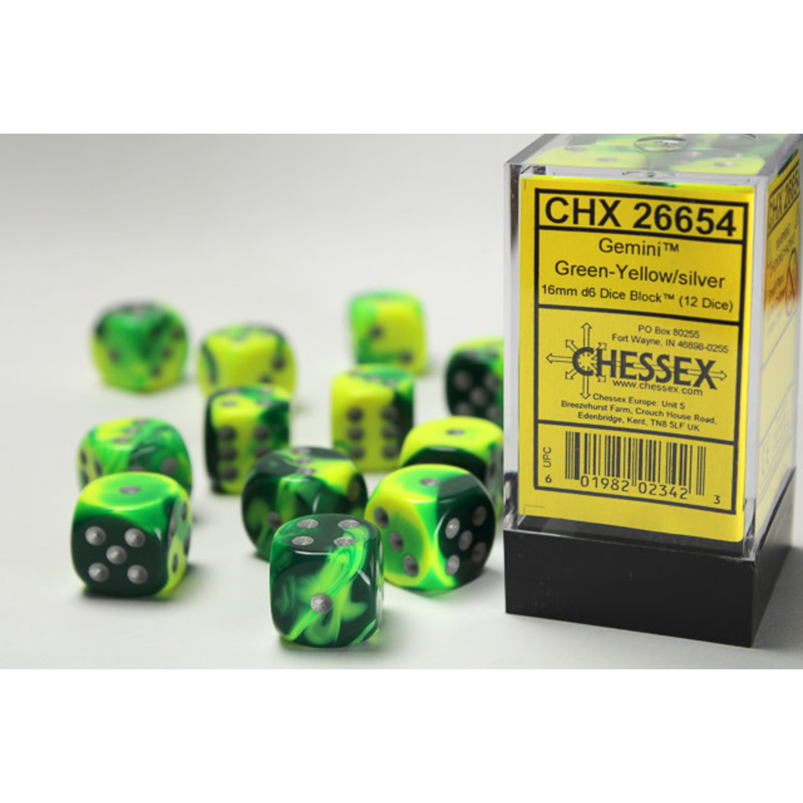 Chessex Gemini Dice: Green-Yellow / silver | 16mm d6 Dice Block | 26654