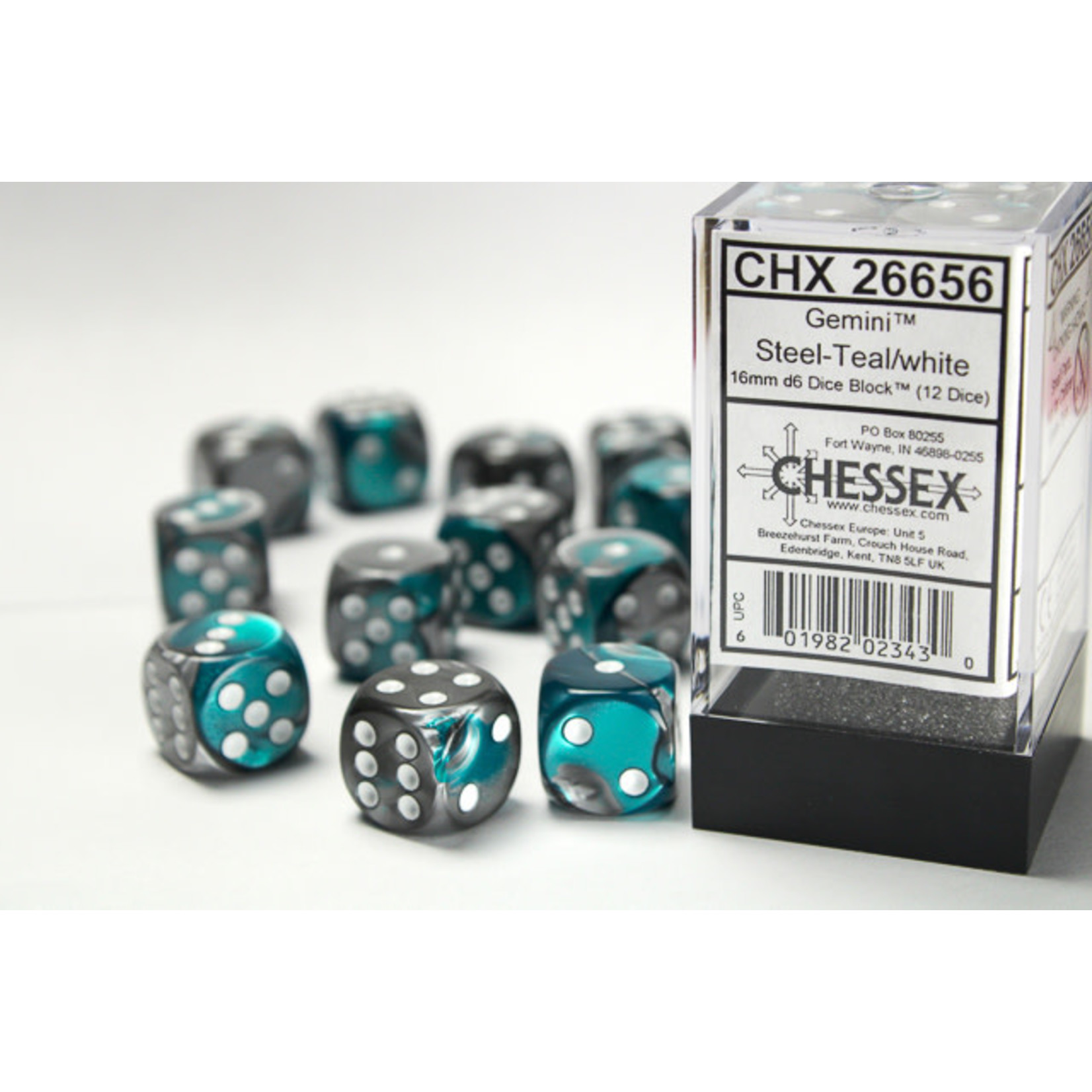 Chessex Gemini Dice: Steel-Teal / white | 16mm d6 Dice Block | 26656