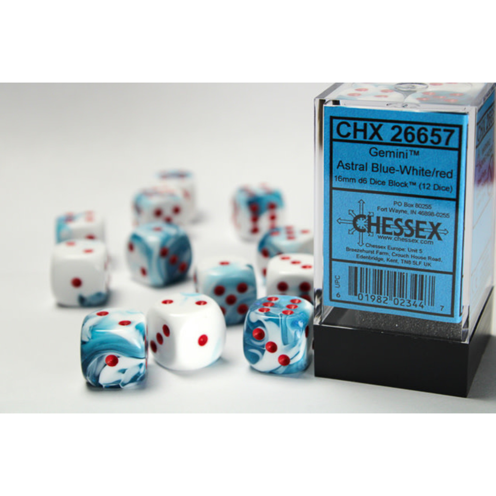 Chessex Gemini Dice: Astral Blue-White / red | 16mm d6 Dice Block | 26657