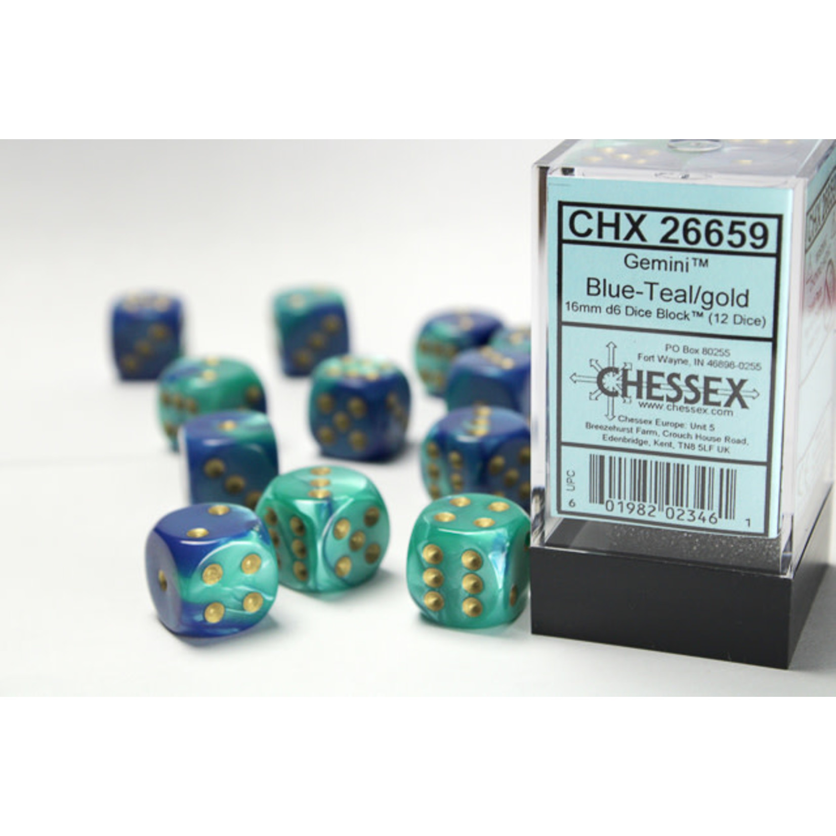 Chessex Gemini Dice: Blue-Teal / gold | 16mm d6 Dice Block | 26659