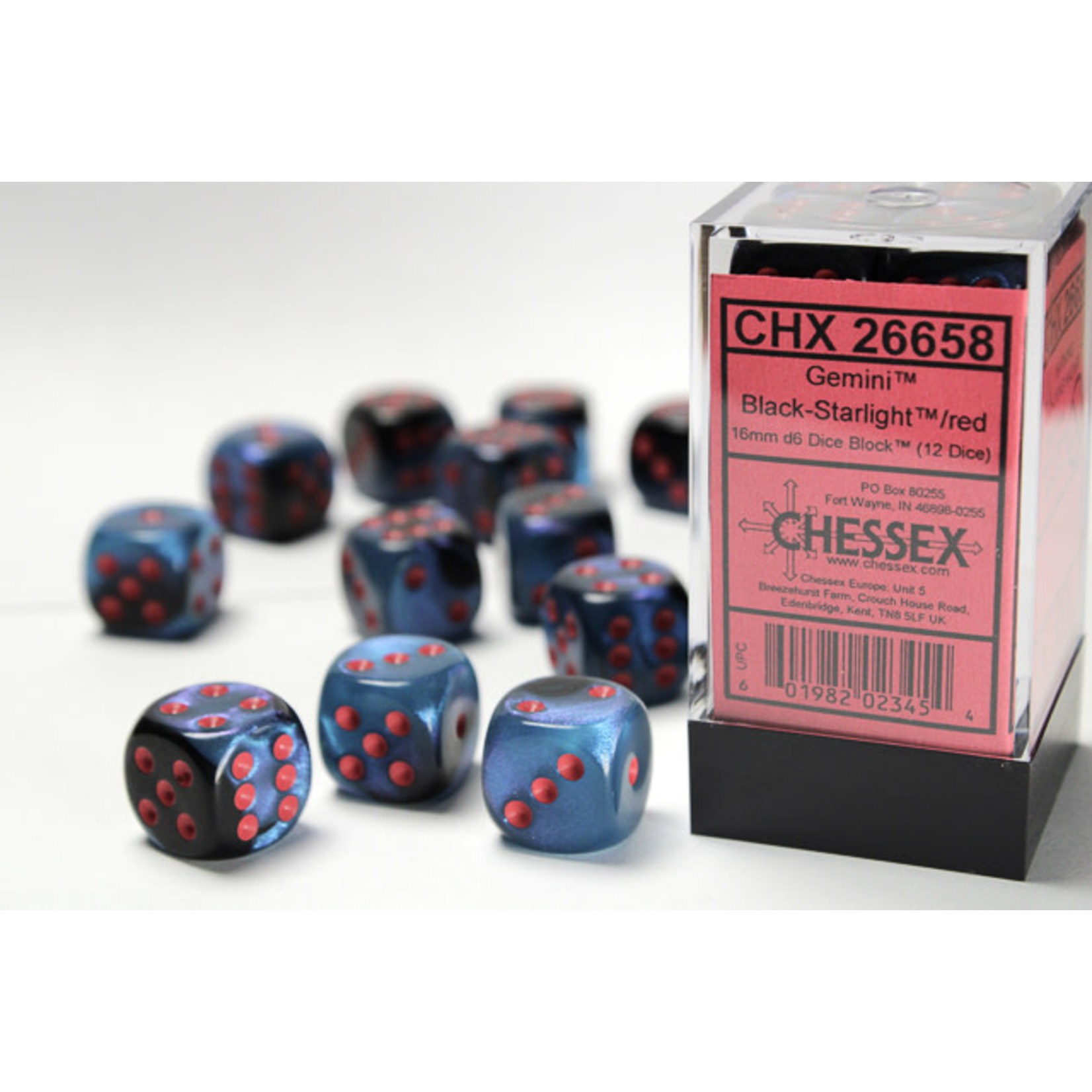 Chessex Gemini Dice: Black-Starlight / red | 16mm d6 Dice Block | 26658