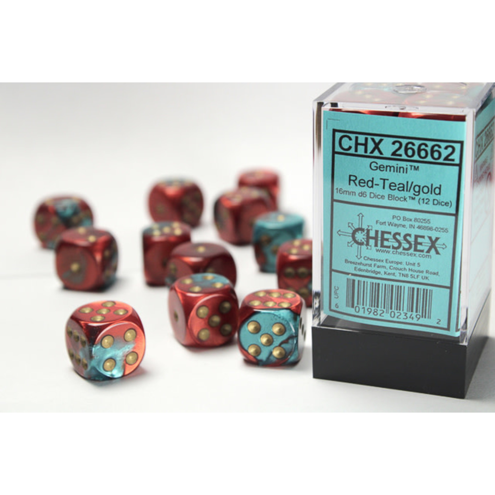Chessex Gemini Dice: Red-Teal / gold | 16mm d6 Dice Block | 26662