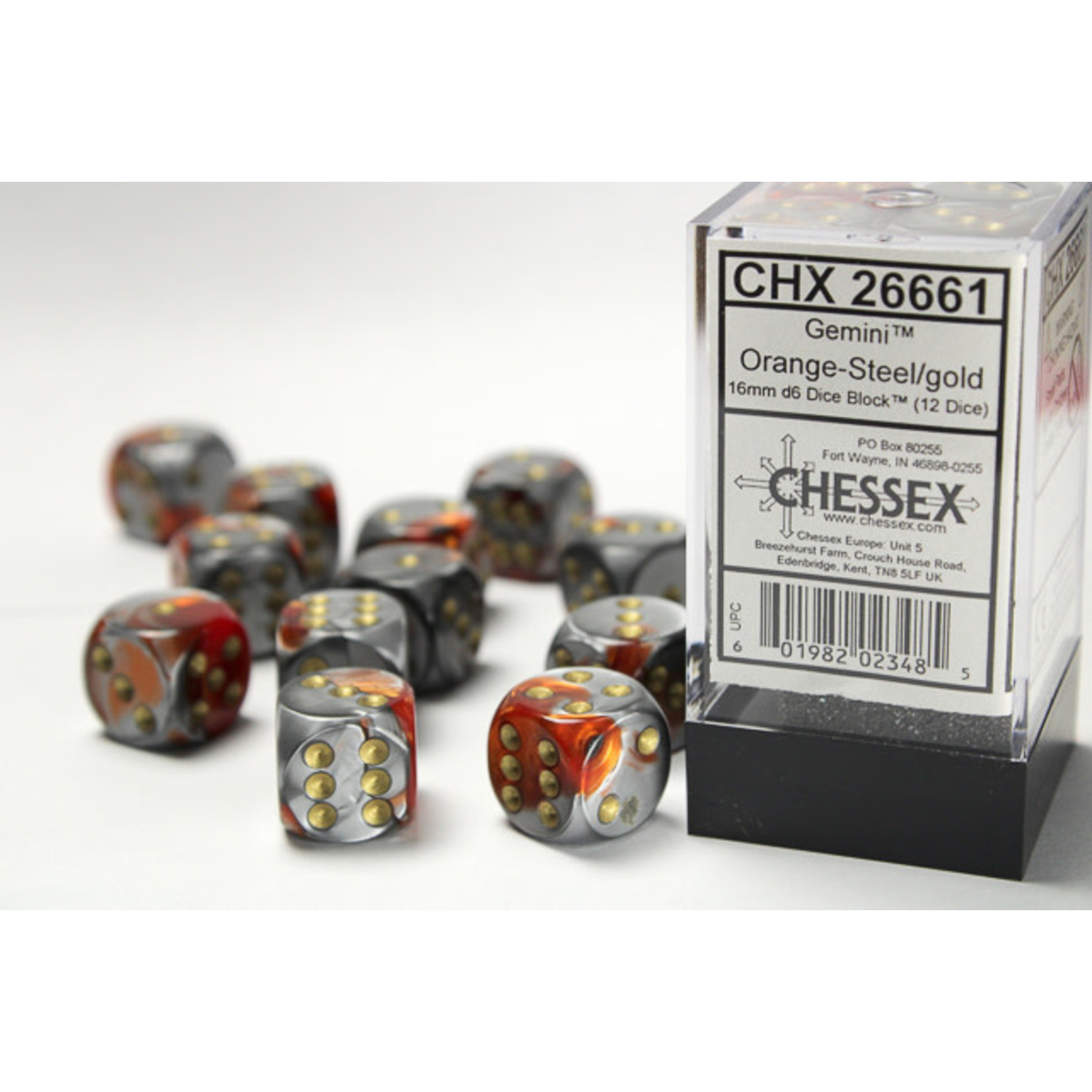 Chessex Gemini Dice: Orange-Steel / gold | 16mm d6 Dice Block | 26661