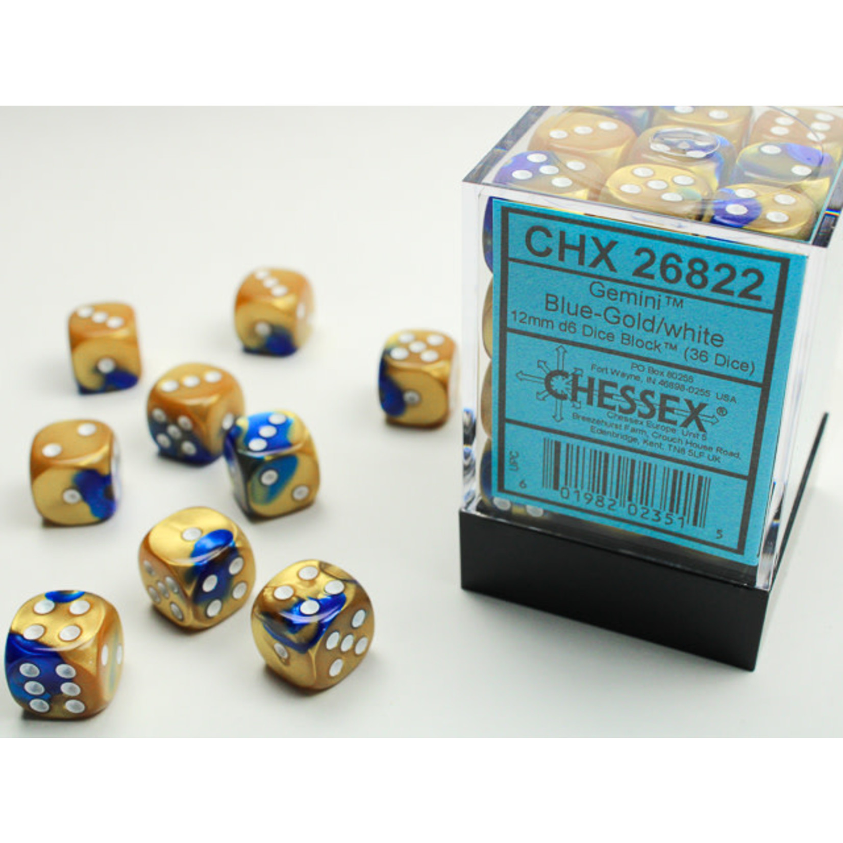 Chessex Gemini Dice: Blue-Gold / white | 12mm d6 Dice Block | 26822
