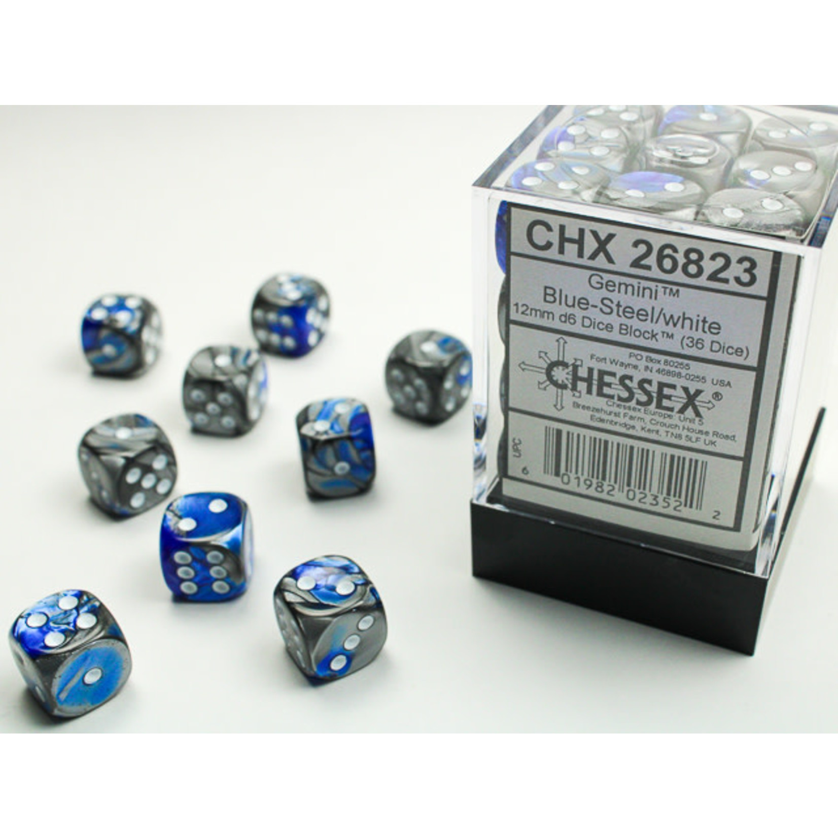 Chessex Gemini Dice: Blue-Steel / white | 12mm d6 Dice Block | 26823