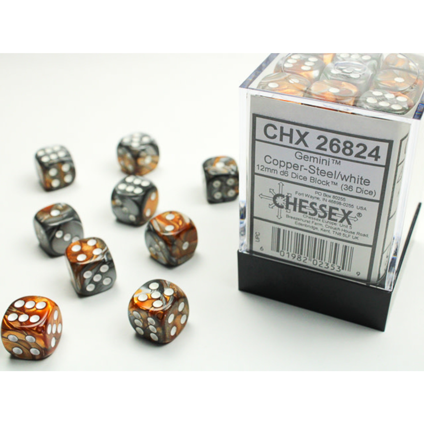 Chessex Gemini Dice: Copper-Steel / white | 12mm d6 Dice Block | 26824