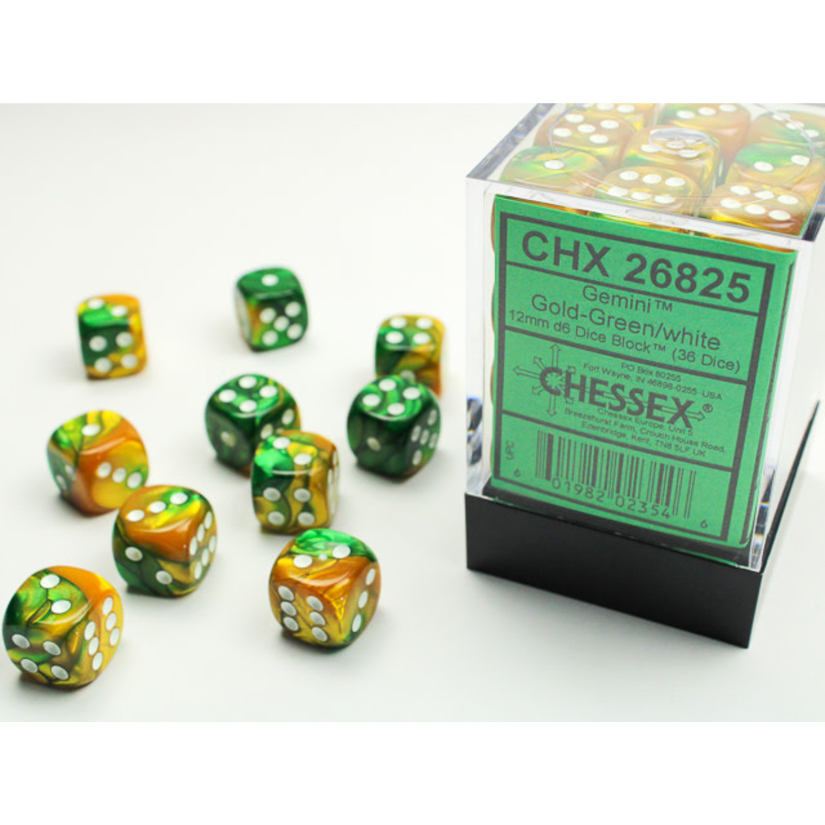 Chessex Gemini Dice: Gold-Green / white | 12mm d6 Dice Block | 26825