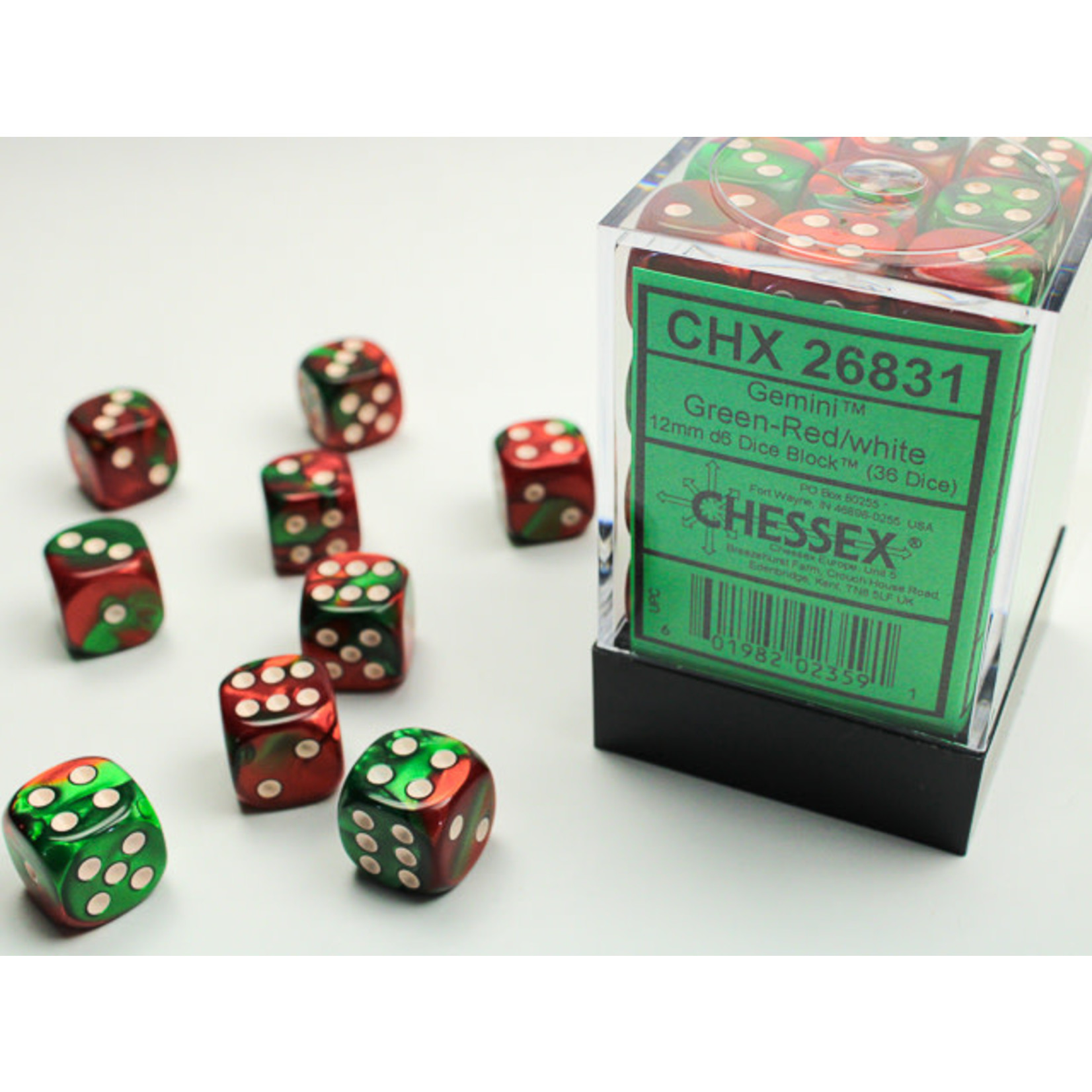 Chessex Gemini Dice: Green-Red / white | 12mm d6 Dice Block | 26831