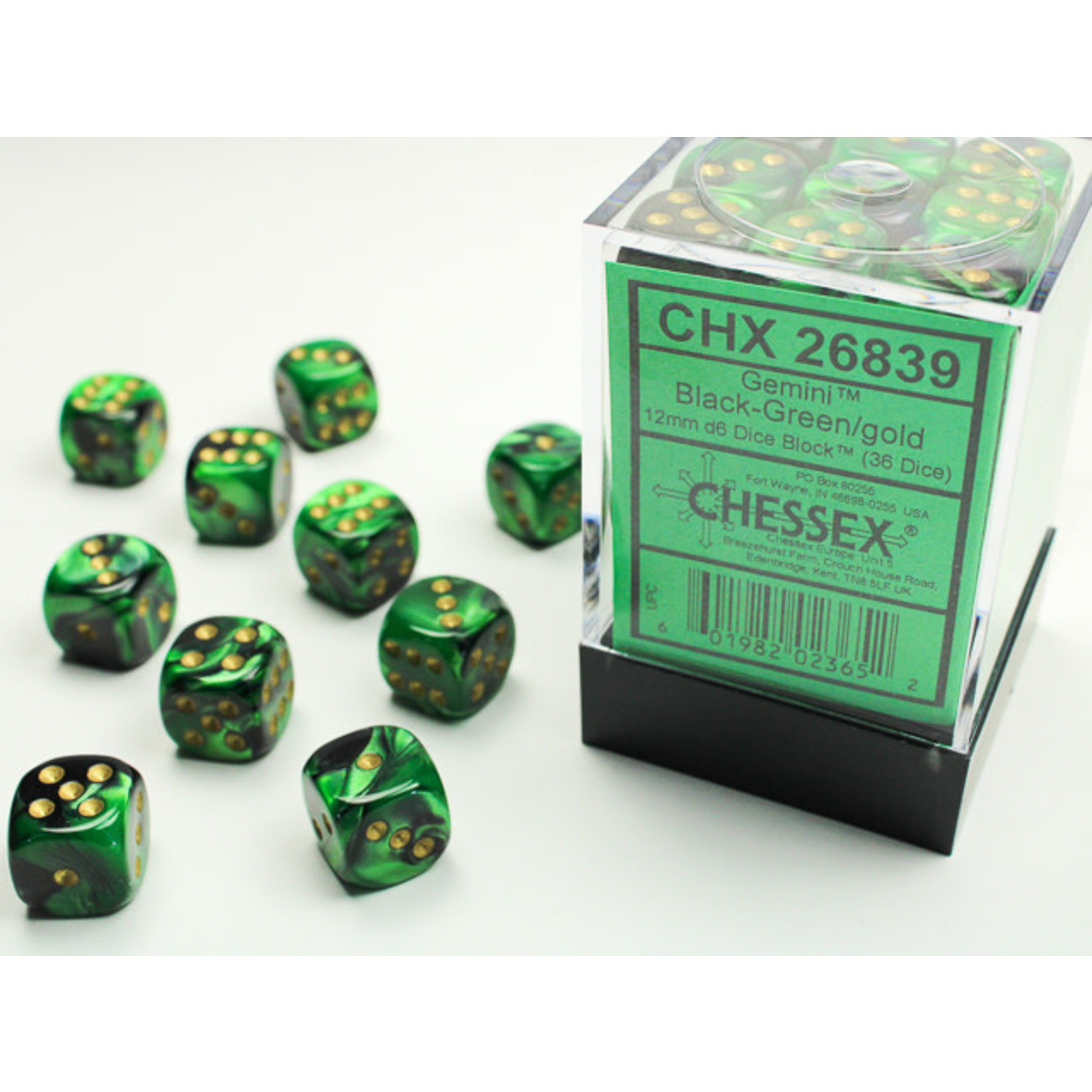 Chessex Gemini Dice: Black-Green / gold | 12mm d6 Dice Block | 26839