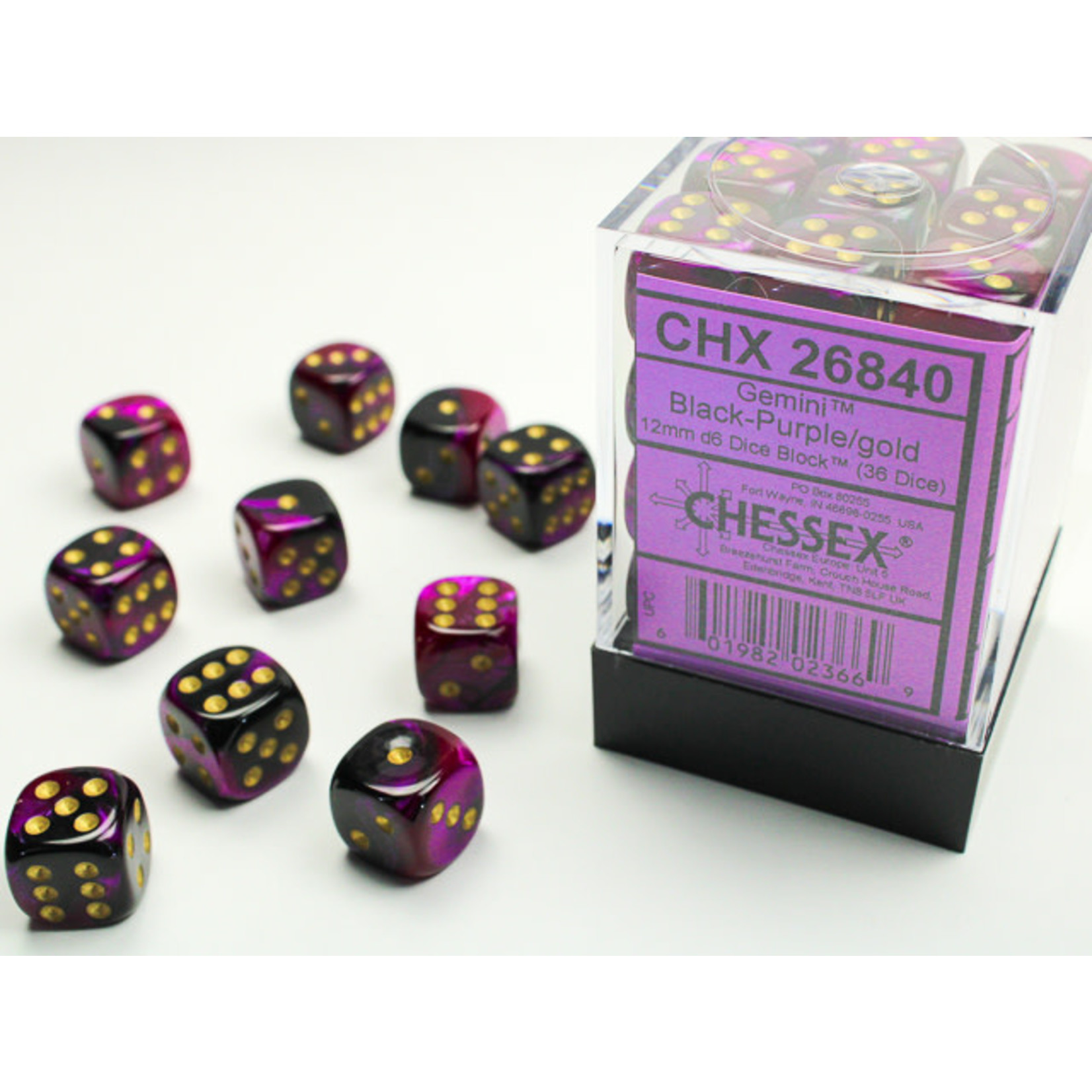 Chessex Gemini Dice: Black-Purple / gold | 12mm d6 Dice Block | 26840