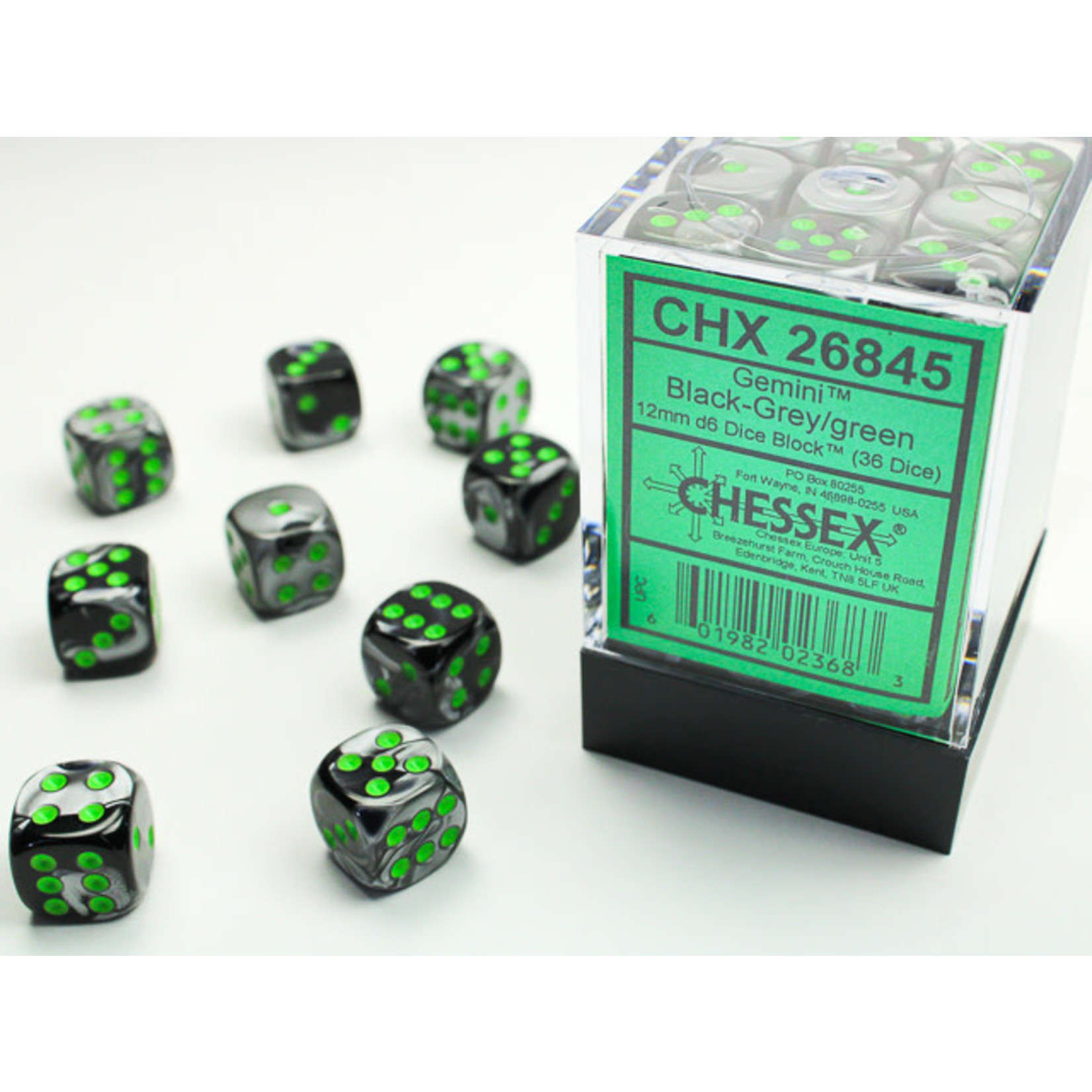 Chessex Gemini Dice: Black-Grey / green | 12mm d6 Dice Block | 26845