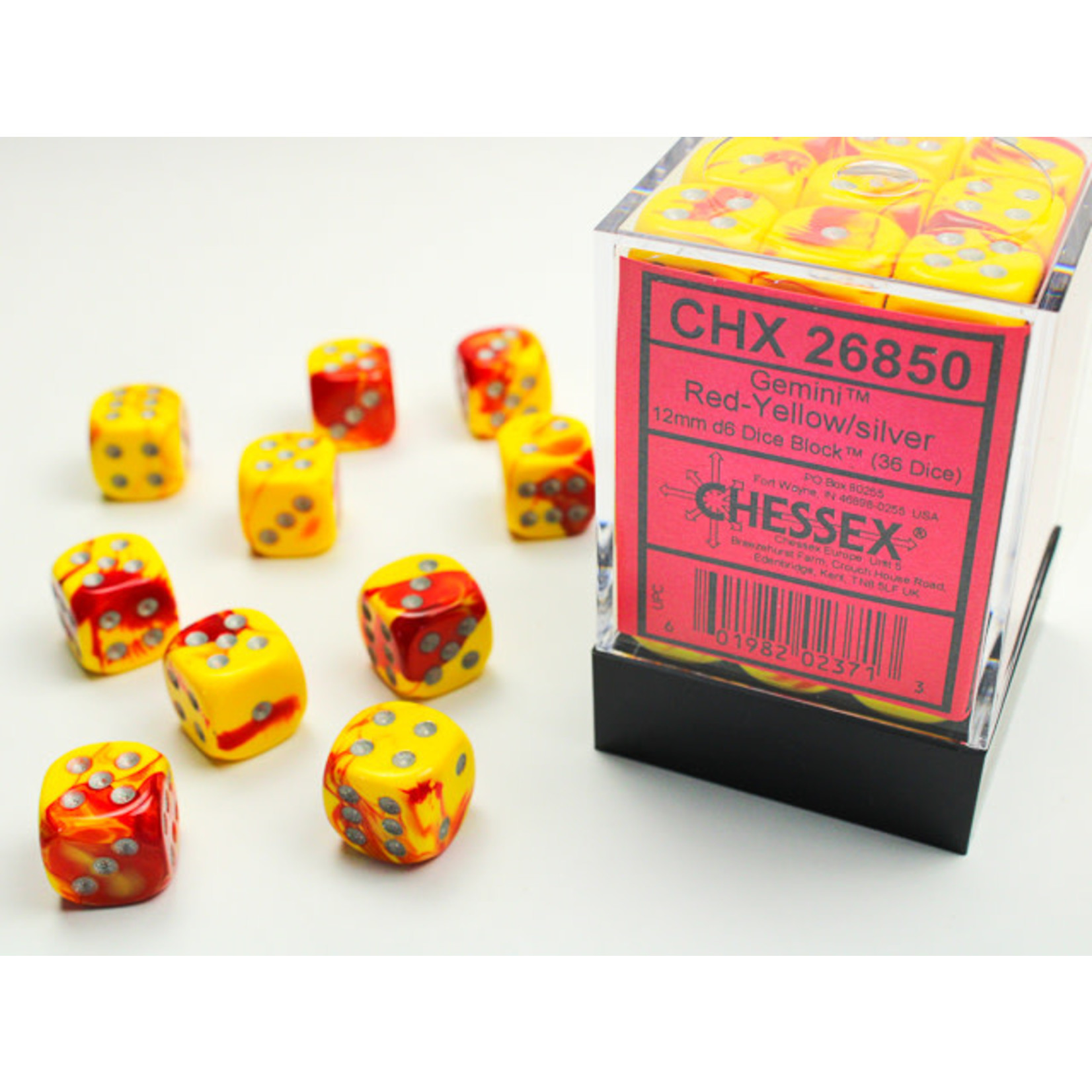 Chessex Gemini Dice: Red-Yellow / silver | 12mm d6 Dice Block | 26850