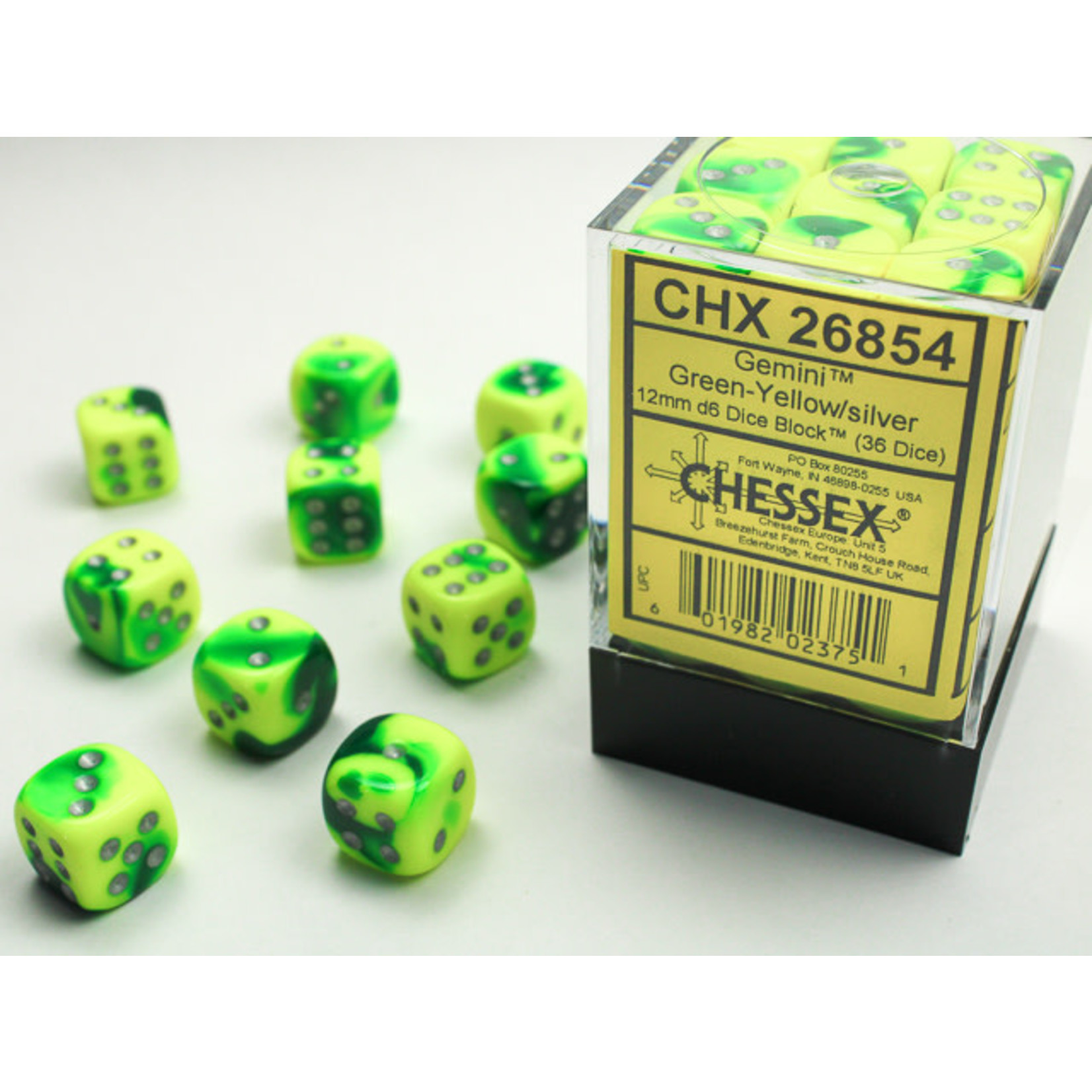Chessex Gemini Dice: Green-Yellow / silver | 12mm d6 Dice Block | 26854